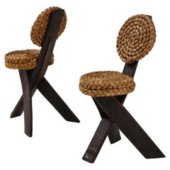 Adrien Audoux and Frida Minet Rare Pair of Rope and Wood Chairs, France, 1950s