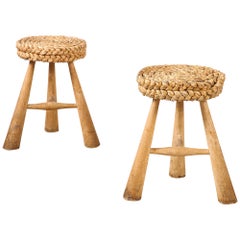Adrien Audoux and Frida Minet Pair of Rush Stools with Tripod Legs, France, 1950