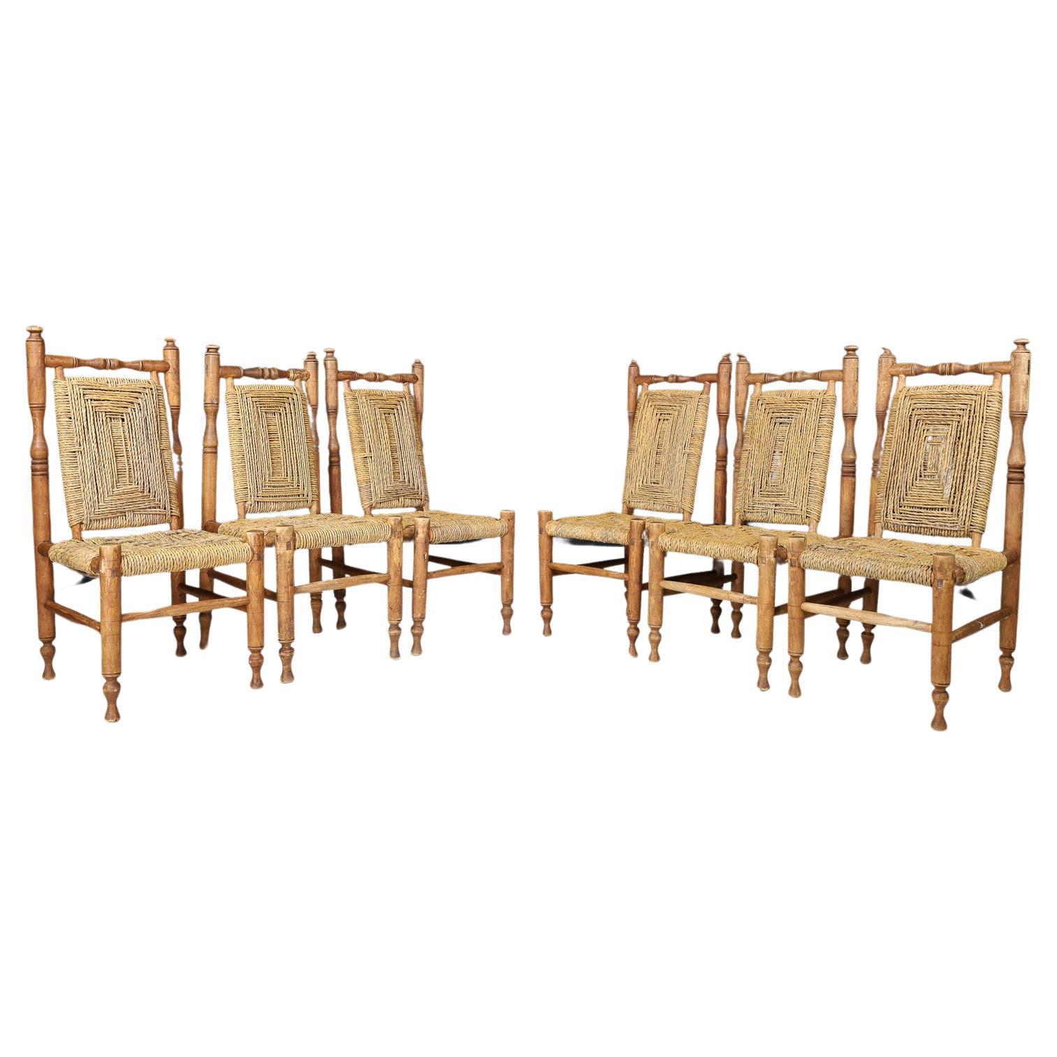 Rope Adrien Audoux and Frida Minet, Set of 8 Mid Century Dining Chairs, circa 1950s