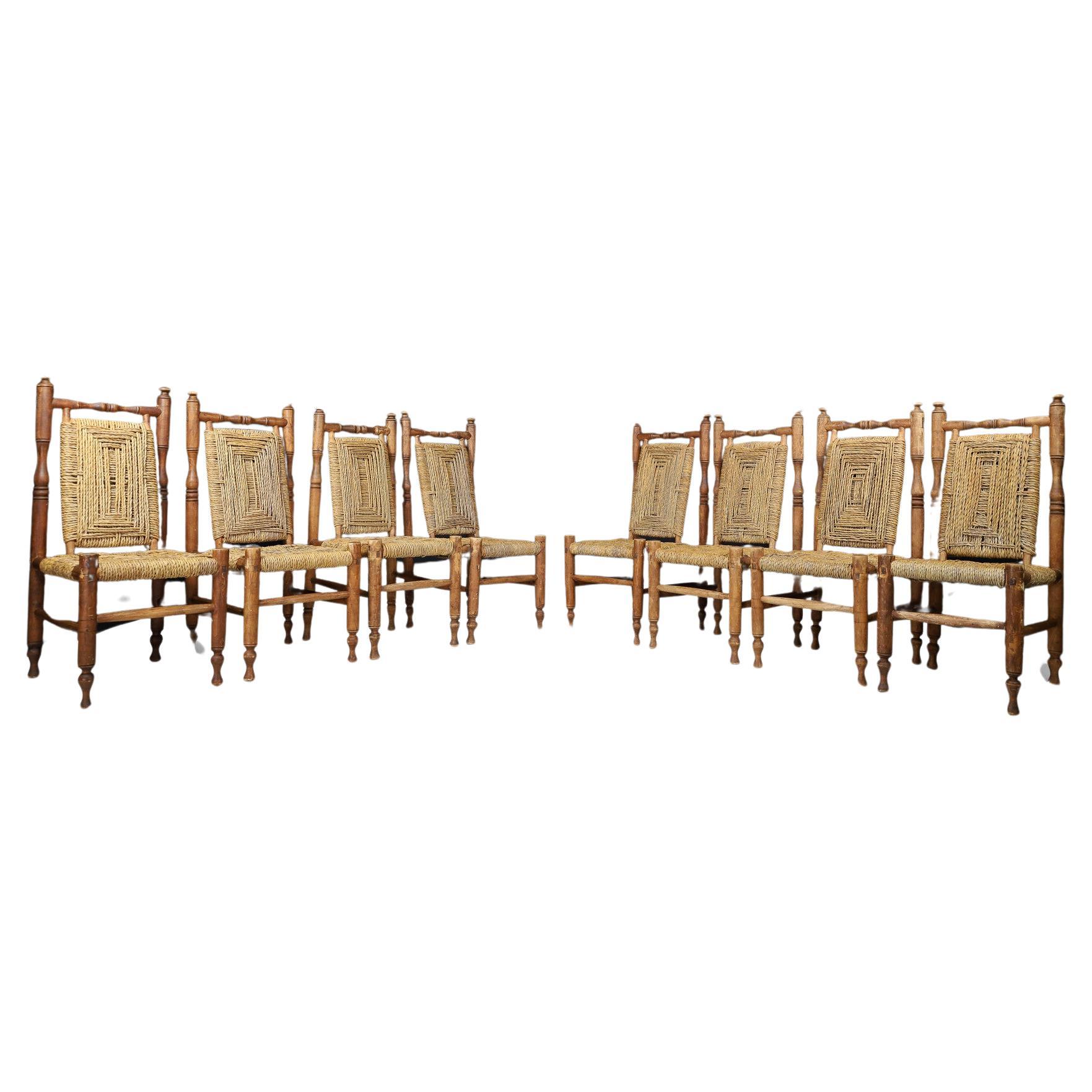 Adrien Audoux and Frida Minet, Set of 8 Mid Century Dining Chairs, circa 1950s For Sale