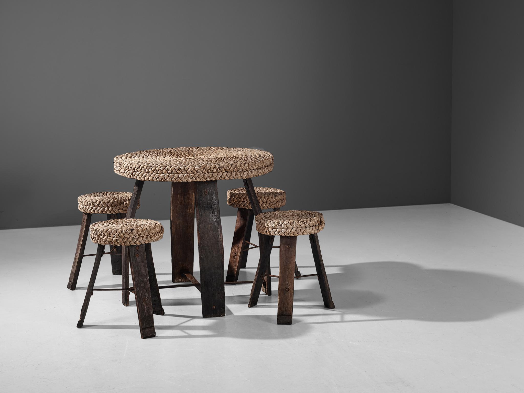 Mid-20th Century Adrien Audoux and Frida Minet Set of Table and Stools For Sale