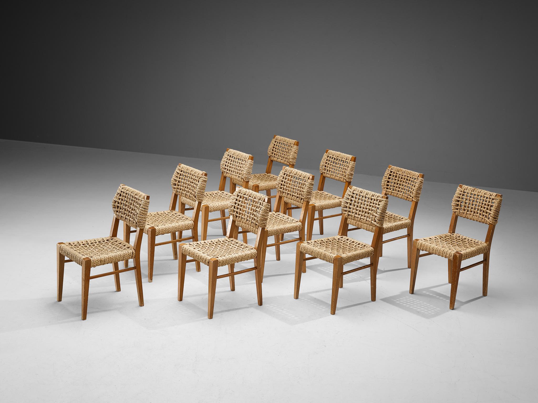 Mid-Century Modern Adrien Audoux and Frida Minet Set of Ten Dining Chairs with Rope Seating