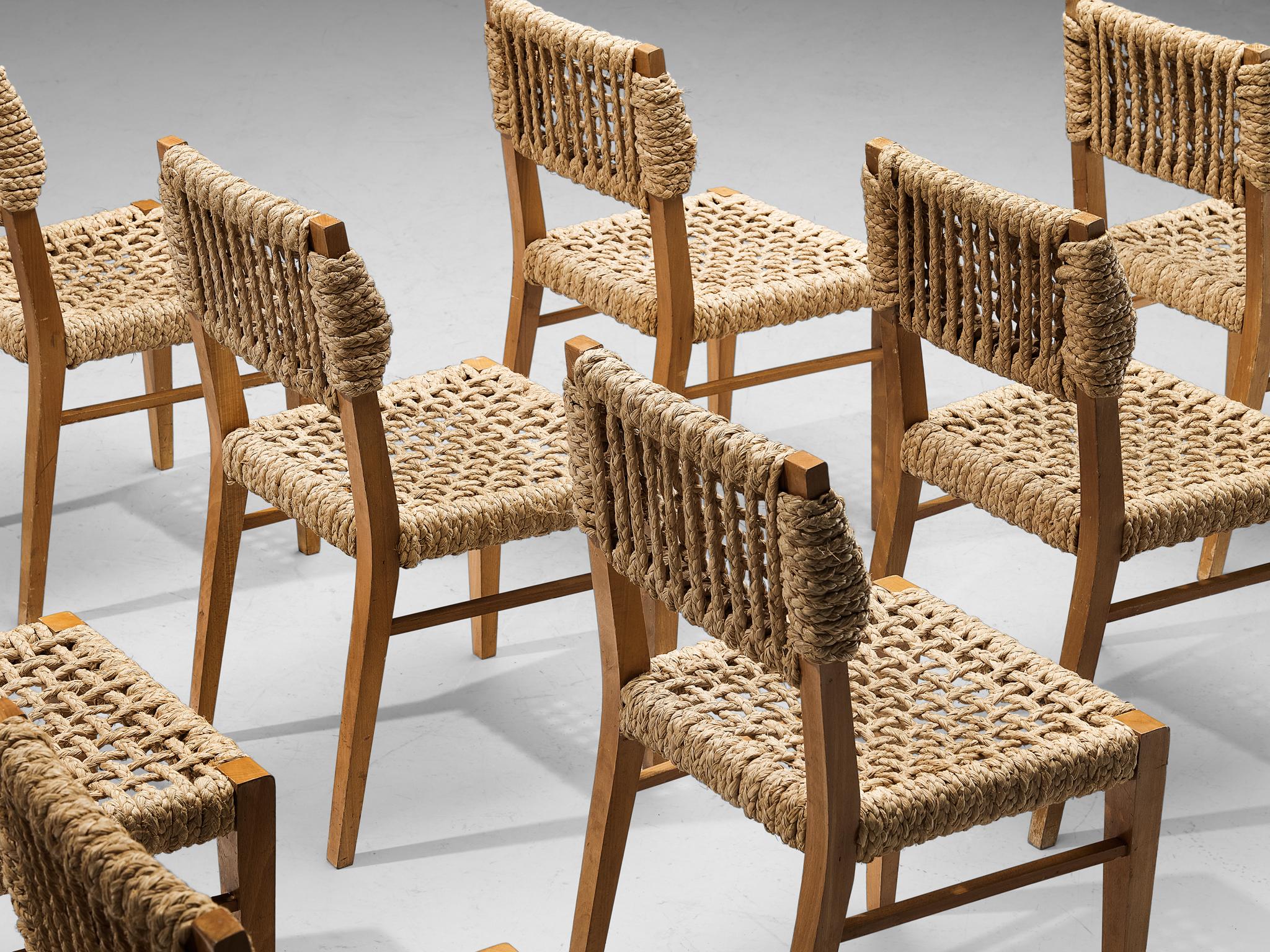 French Adrien Audoux and Frida Minet Set of Ten Dining Chairs with Rope Seating