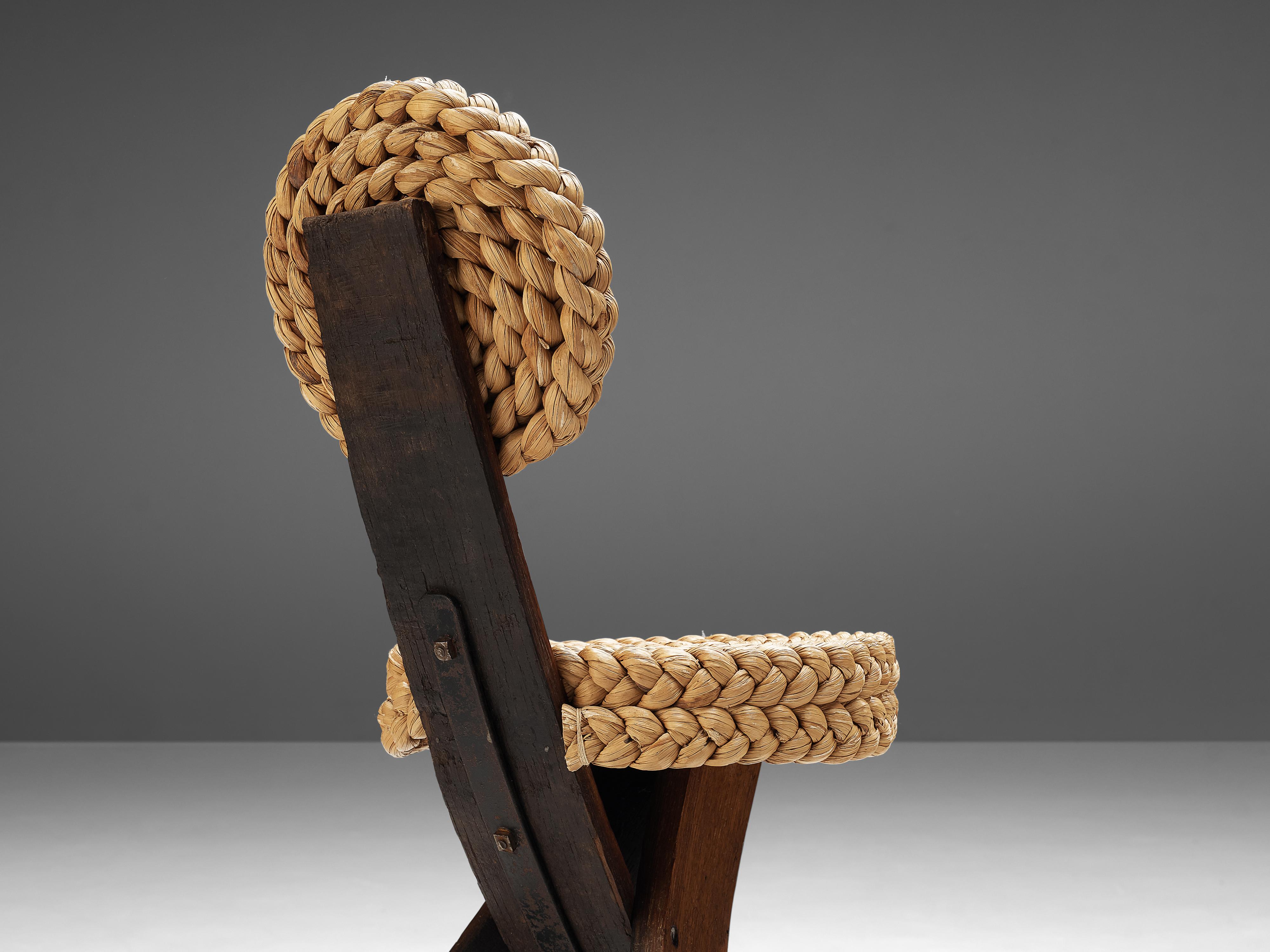 Mid-Century Modern Adrien Audoux and Frida Minet Side Chair in Oak and Braided Straw