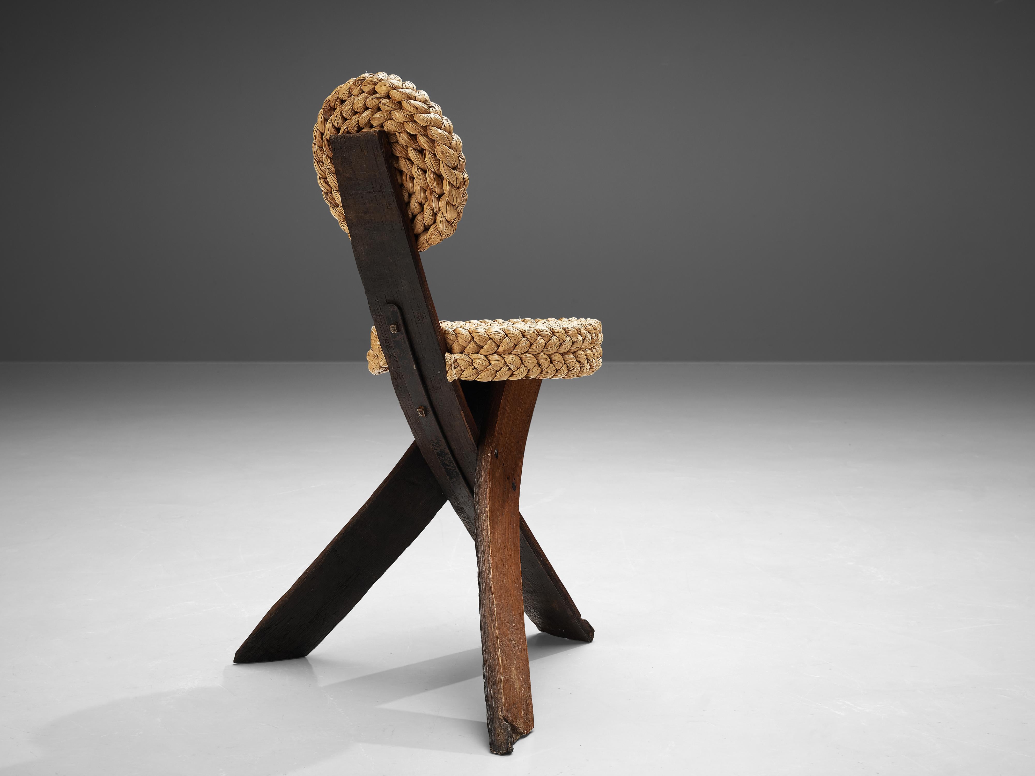 French Adrien Audoux and Frida Minet Side Chair in Oak and Braided Straw