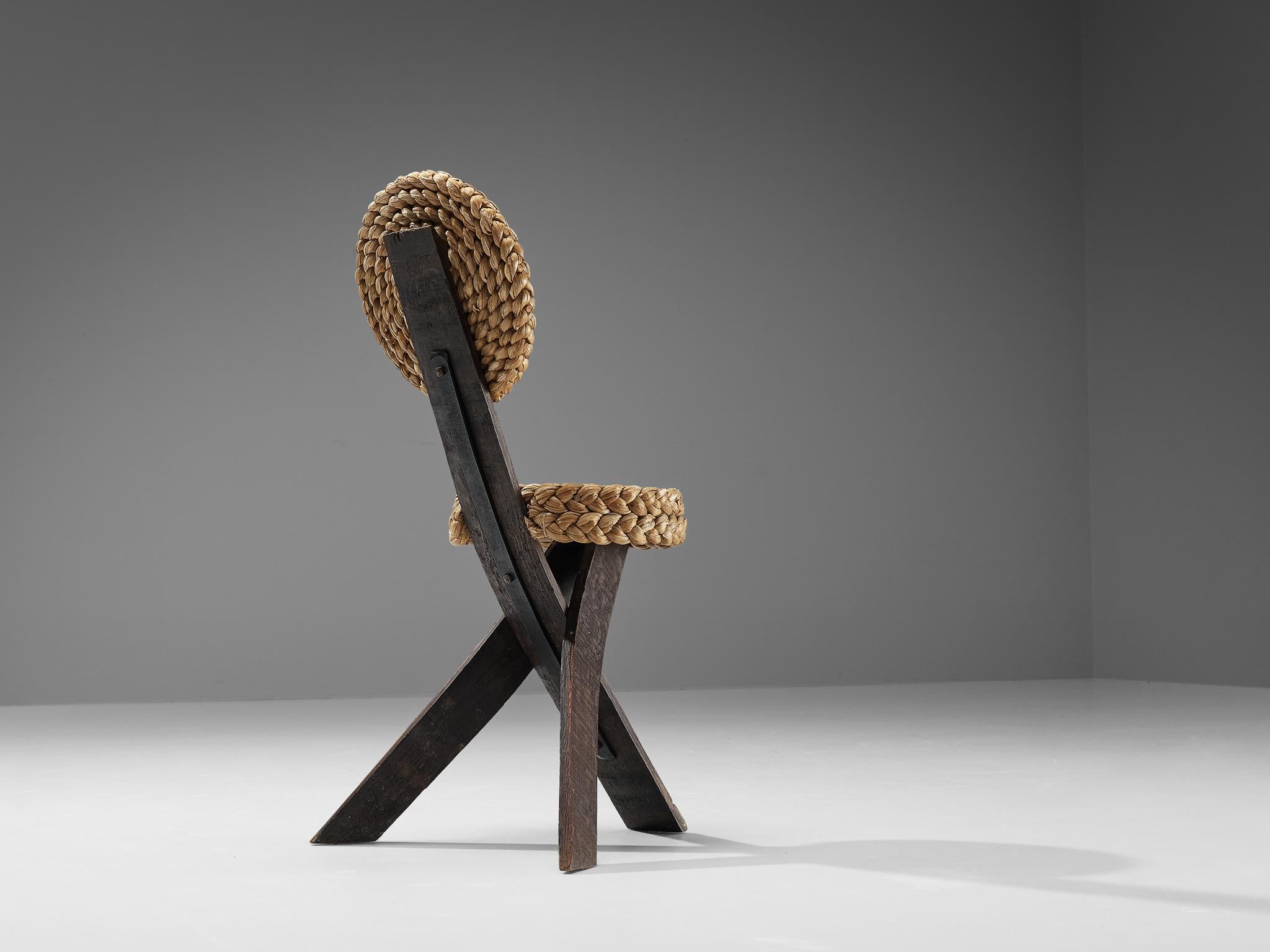 Mid-Century Modern Adrien Audoux and Frida Minet Side Chair in Oak and Braided Straw For Sale