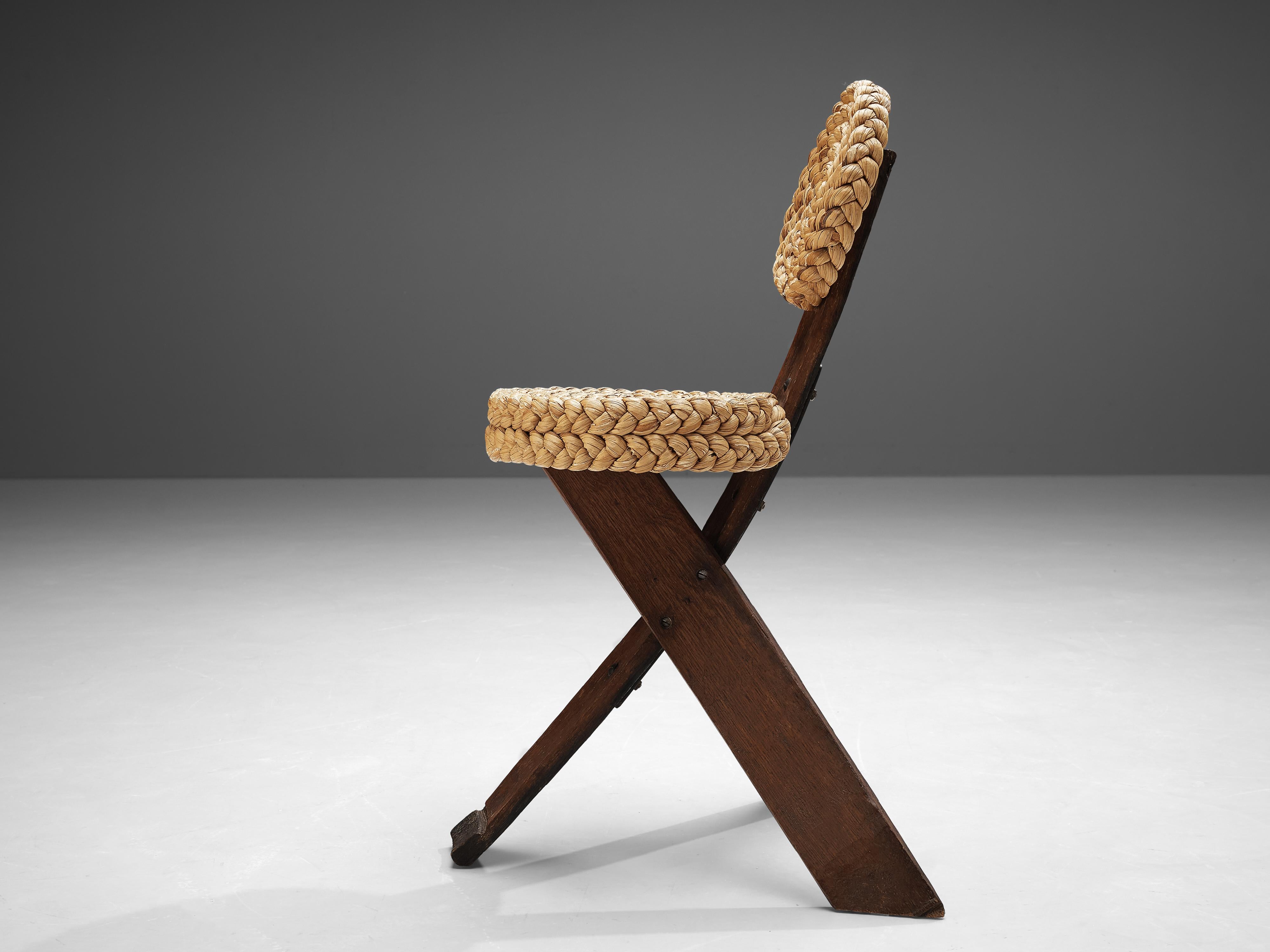 Mid-20th Century Adrien Audoux and Frida Minet Side Chair in Oak and Braided Straw