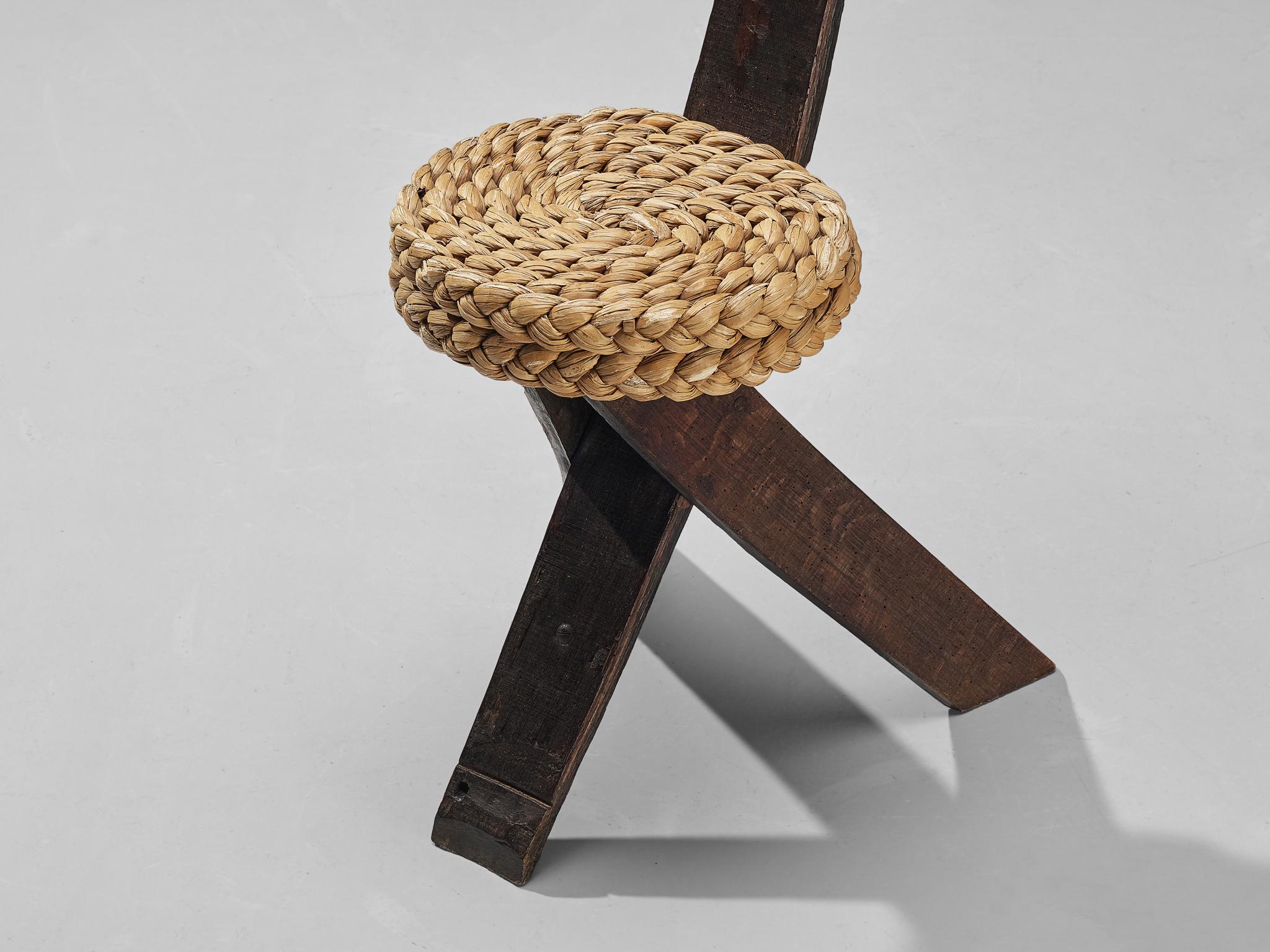 Mid-20th Century Adrien Audoux and Frida Minet Side Chair in Oak and Braided Straw For Sale