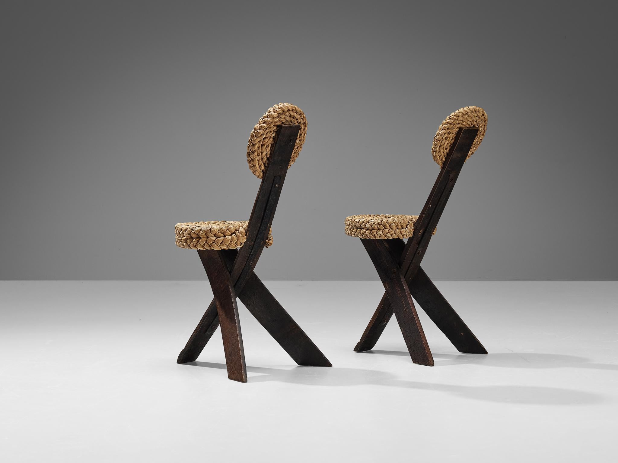 Adrien Audoux and Frida Minet Side Chairs in Oak and Braided Straw  For Sale 3