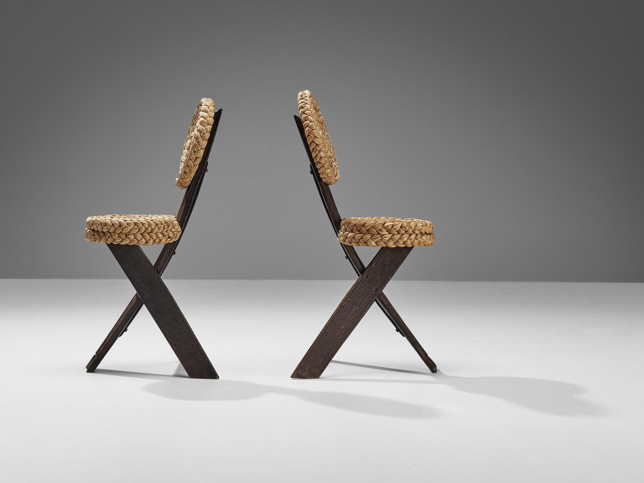 Mid-Century Modern Adrien Audoux and Frida Minet Side Chairs in Oak and Braided Straw  For Sale