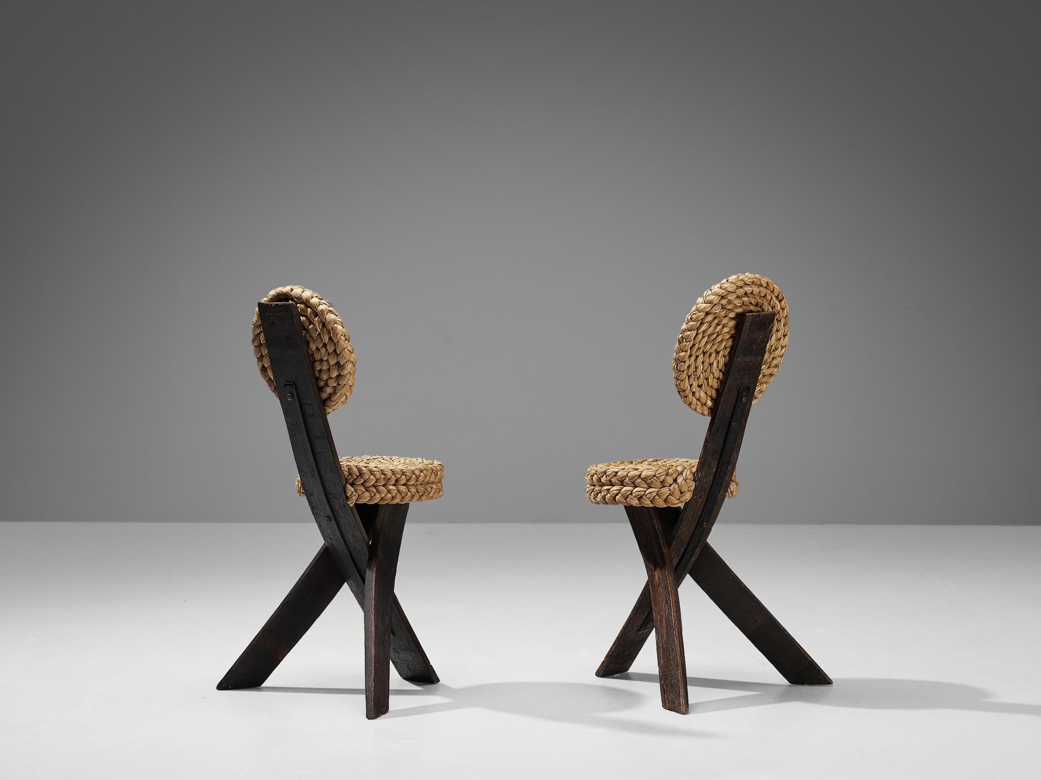 Adrien Audoux and Frida Minet Side Chairs in Oak and Braided Straw  In Good Condition For Sale In Waalwijk, NL
