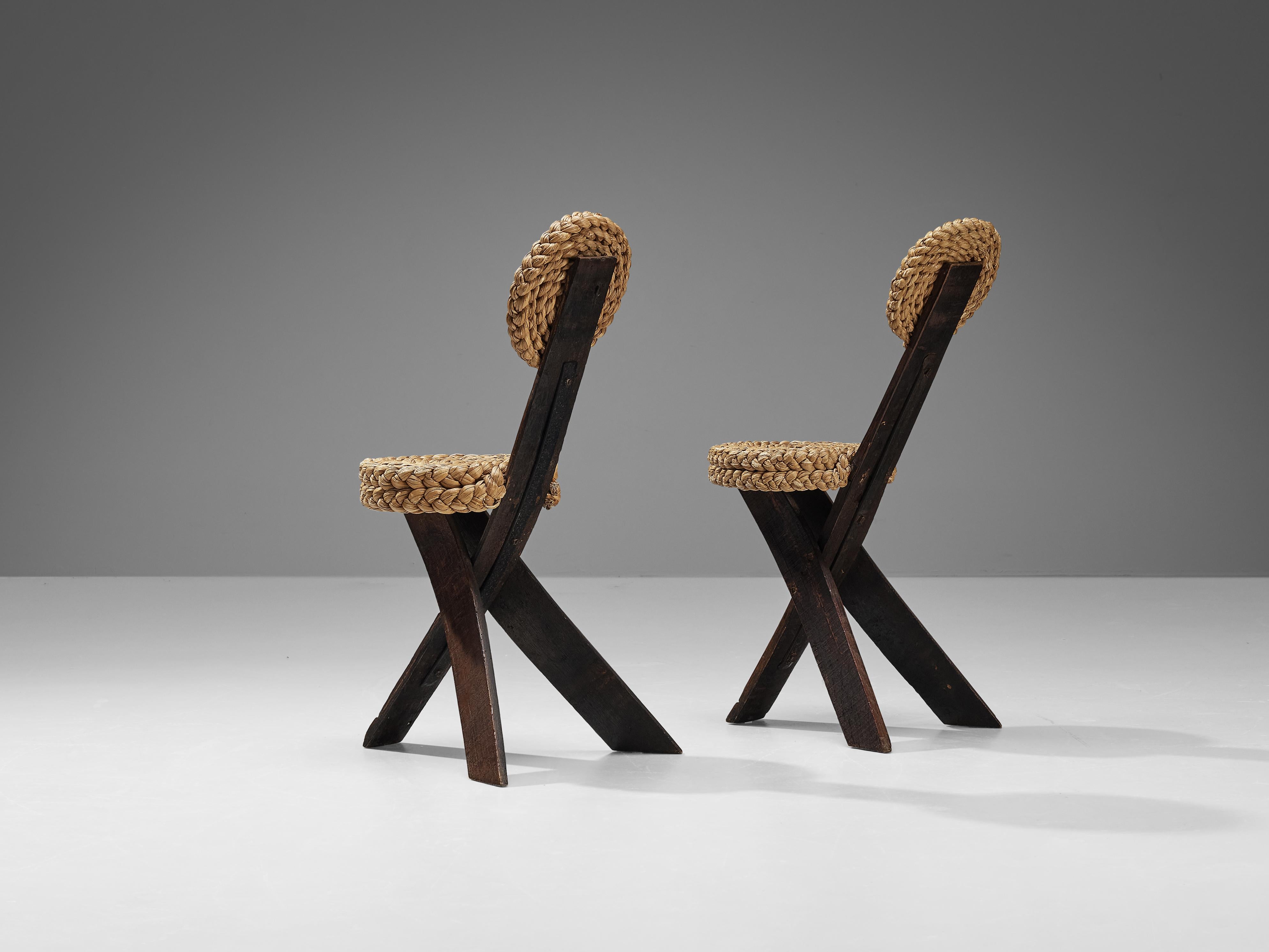 French Adrien Audoux and Frida Minet Side Chairs in Oak and Braided Straw  For Sale