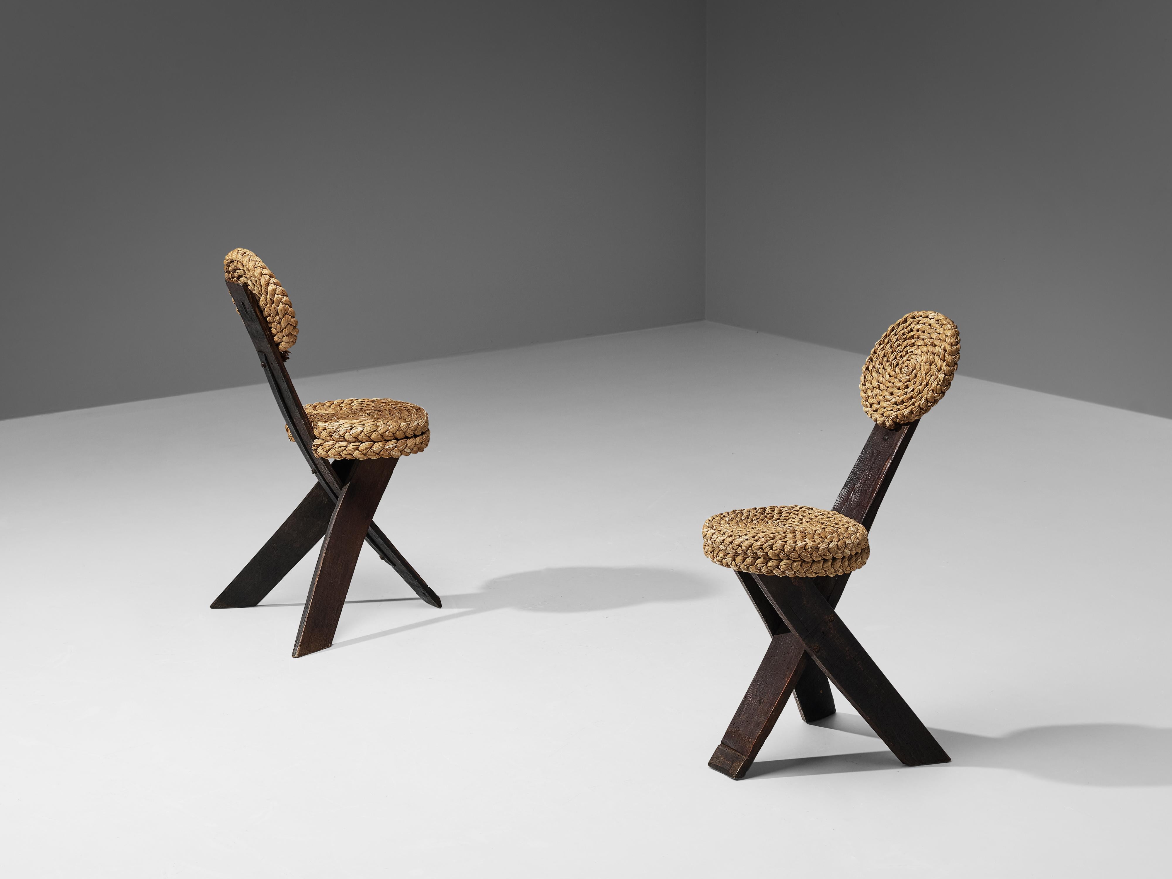 Mid-20th Century Adrien Audoux and Frida Minet Side Chairs in Oak and Braided Straw  For Sale