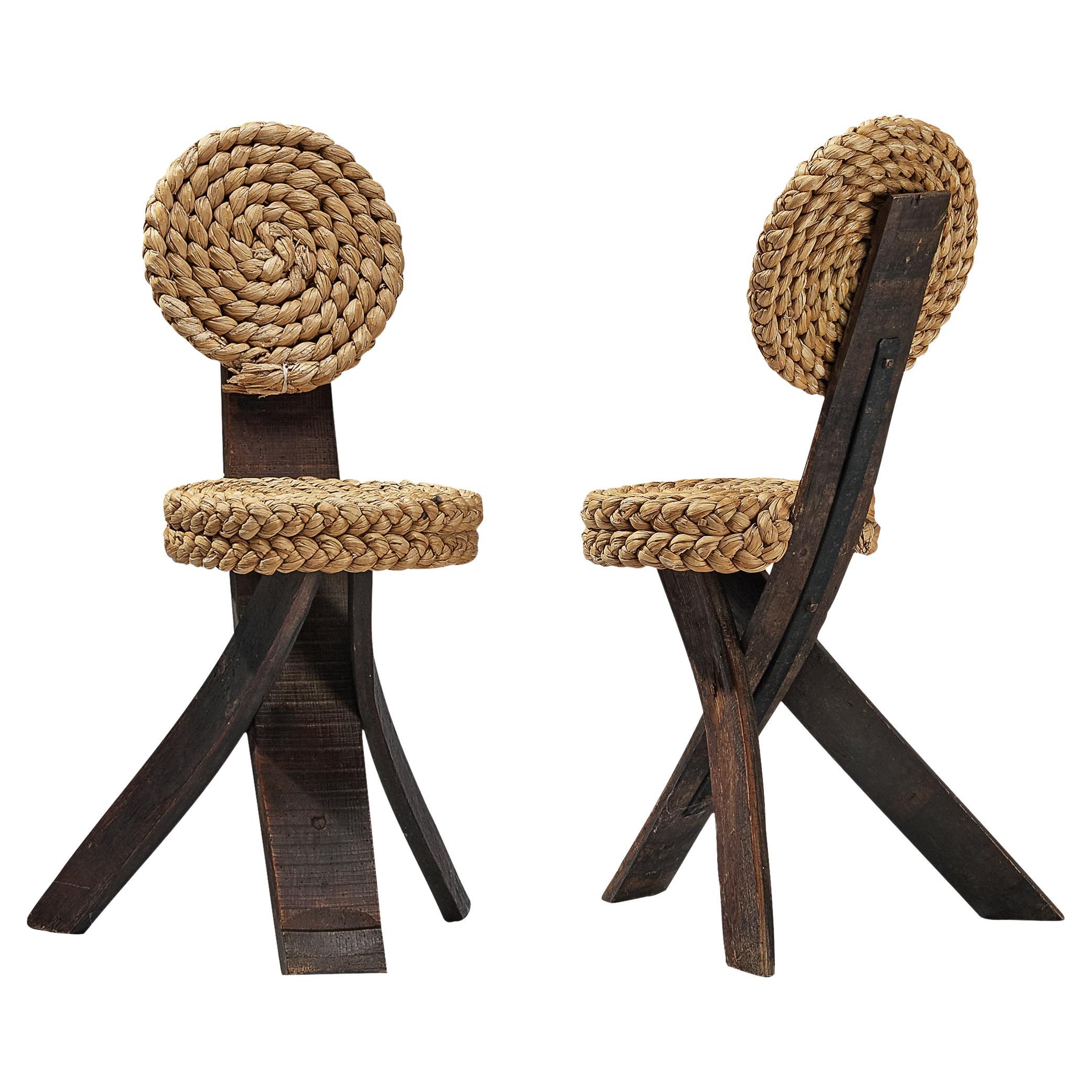 Adrien Audoux and Frida Minet Side Chairs in Oak and Braided Straw  For Sale