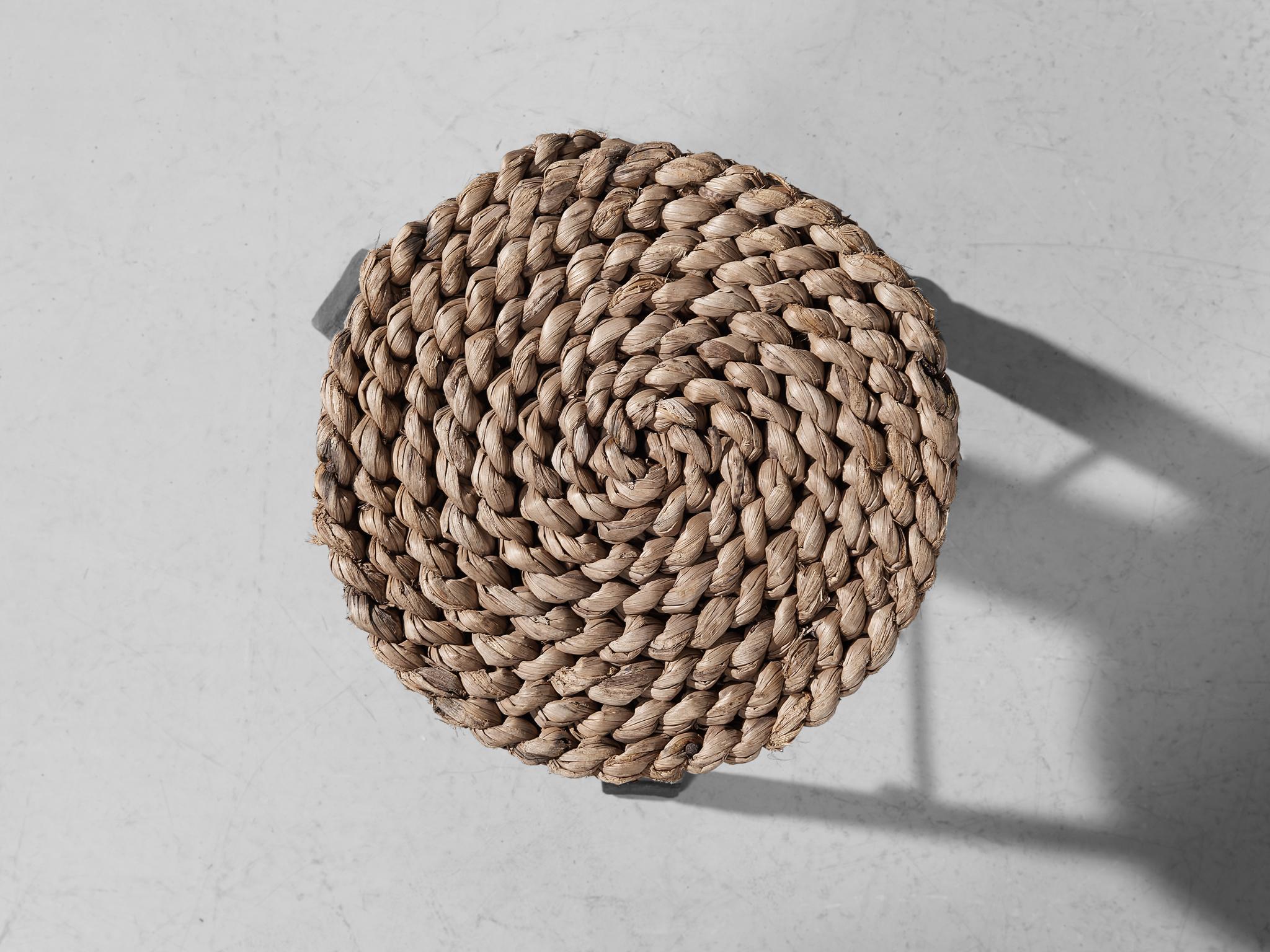 Mid-Century Modern Adrien Audoux and Frida Minet Stool in Oak and Straw