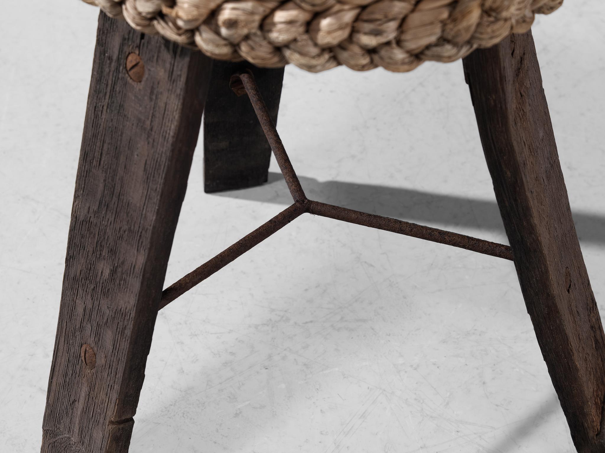 Mid-20th Century Adrien Audoux and Frida Minet Stool in Oak and Straw