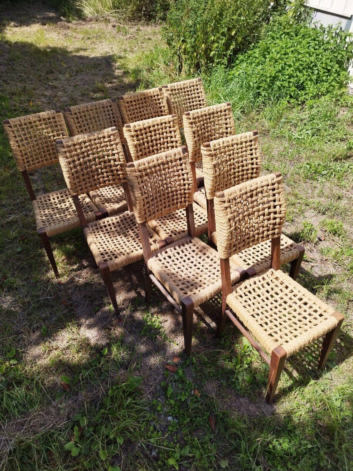 Mid-Century Modern Adrien Audoux & Frida Minet, rare set of 10 Chairs, France, circa 1950