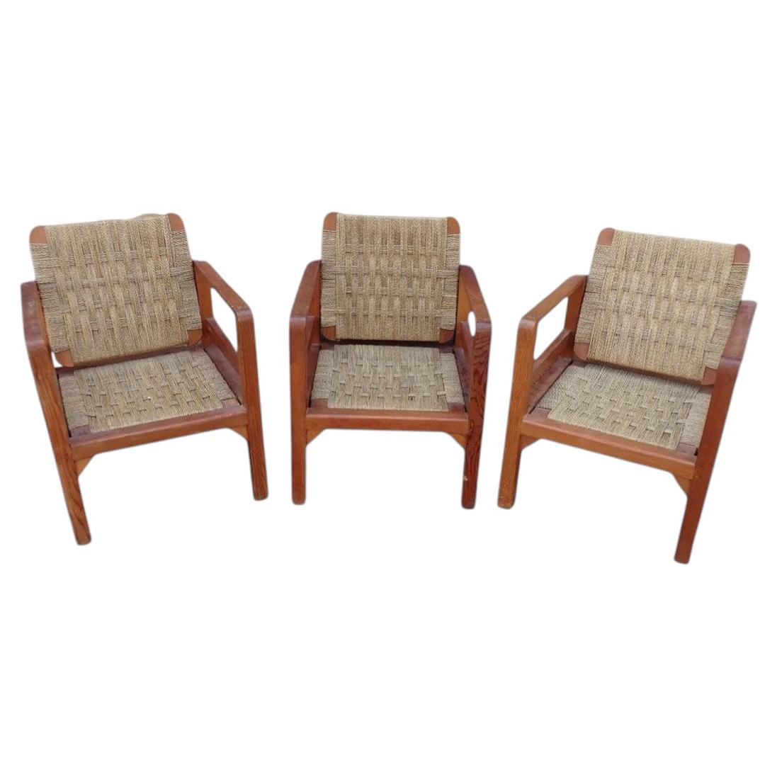 Adrien Audoux & Frida Minet, 3 armchairs , France, circa 1950 For Sale