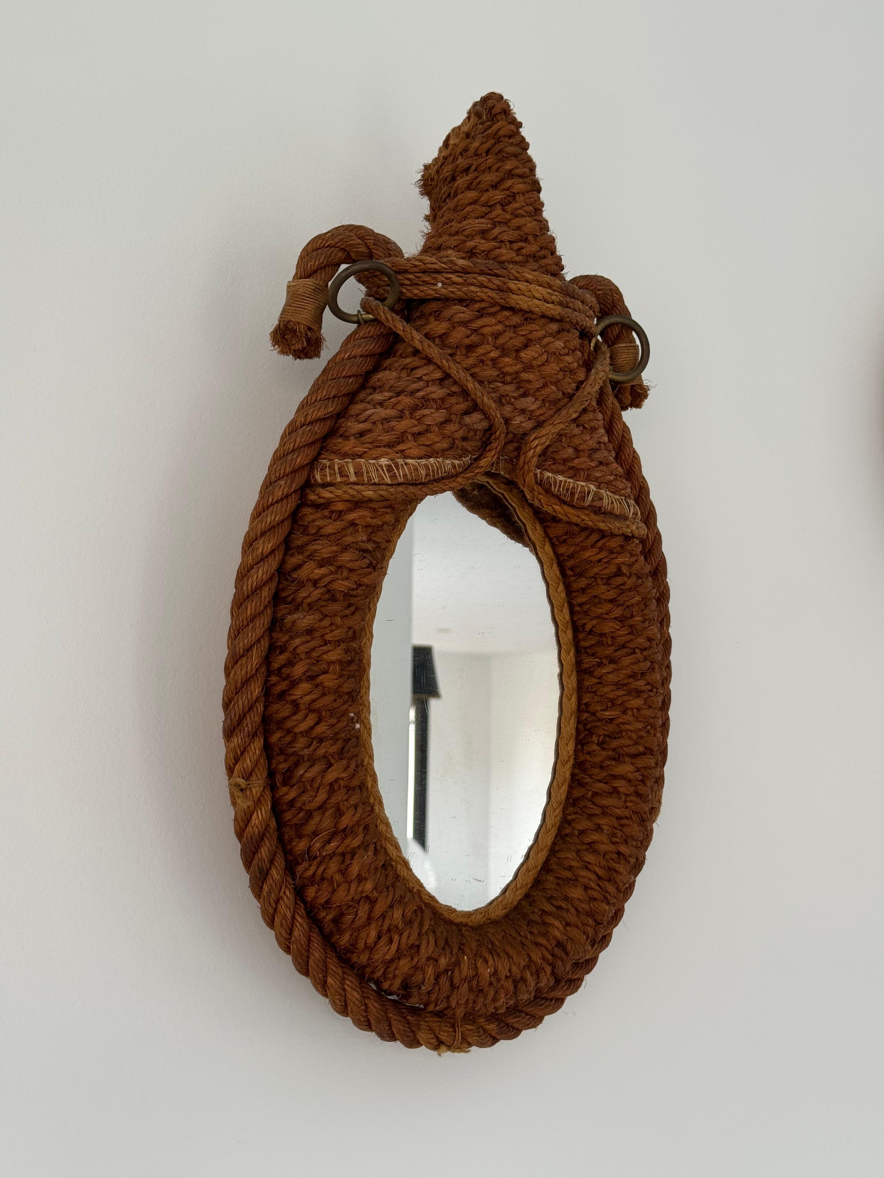 French Provincial Adrien Audoux & Frida Minet design horse collar rope mirror, France 1950s For Sale