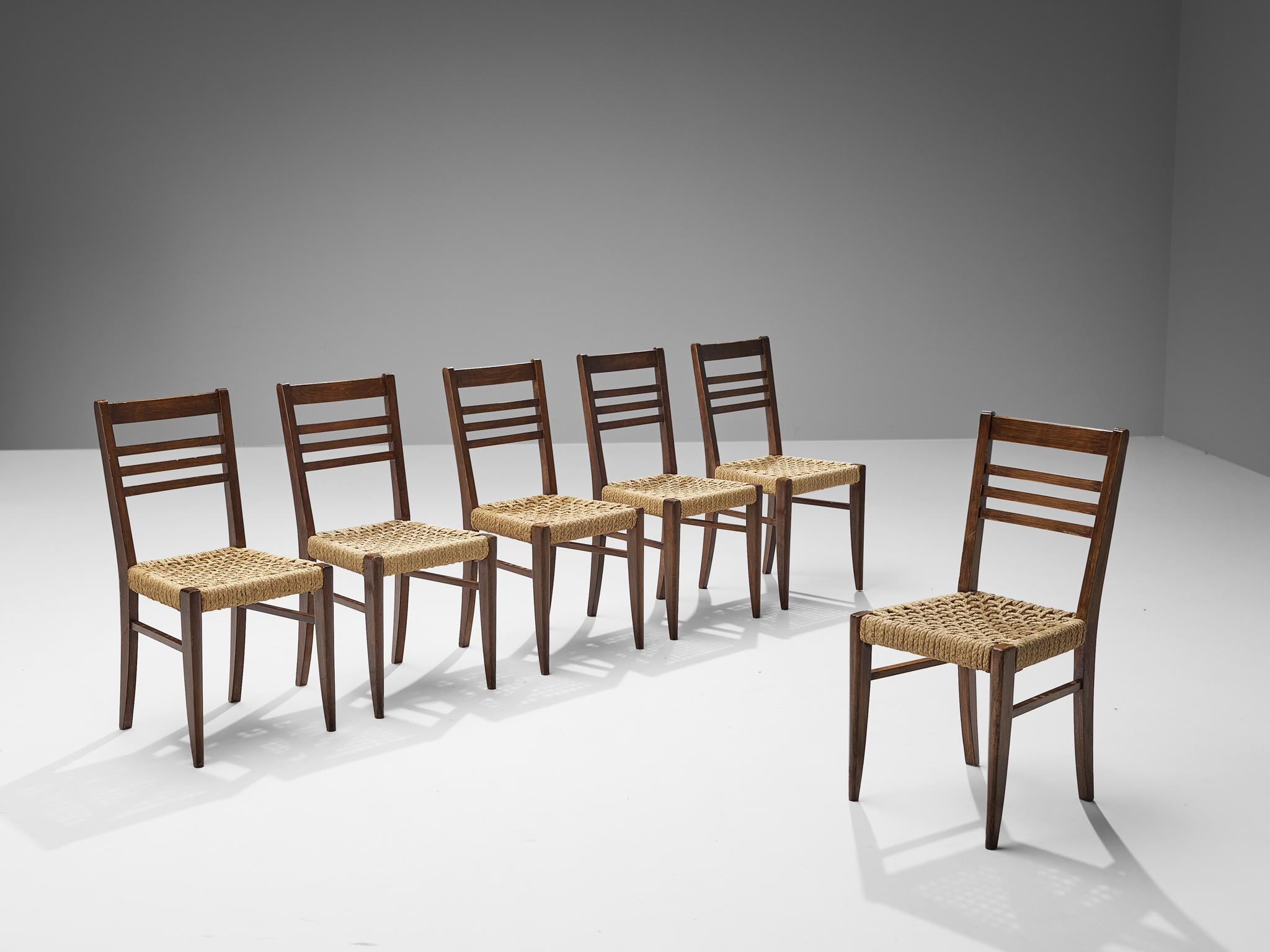 Adrien Audoux and Frida Minet for Vibo, set of six dining chairs, beech, rope hemp, France, late 1940s 

Set of six naturalistic dining chairs designed by Adrien Audoux and Frida Minet. The seating and backrest are made of woven hemp from the