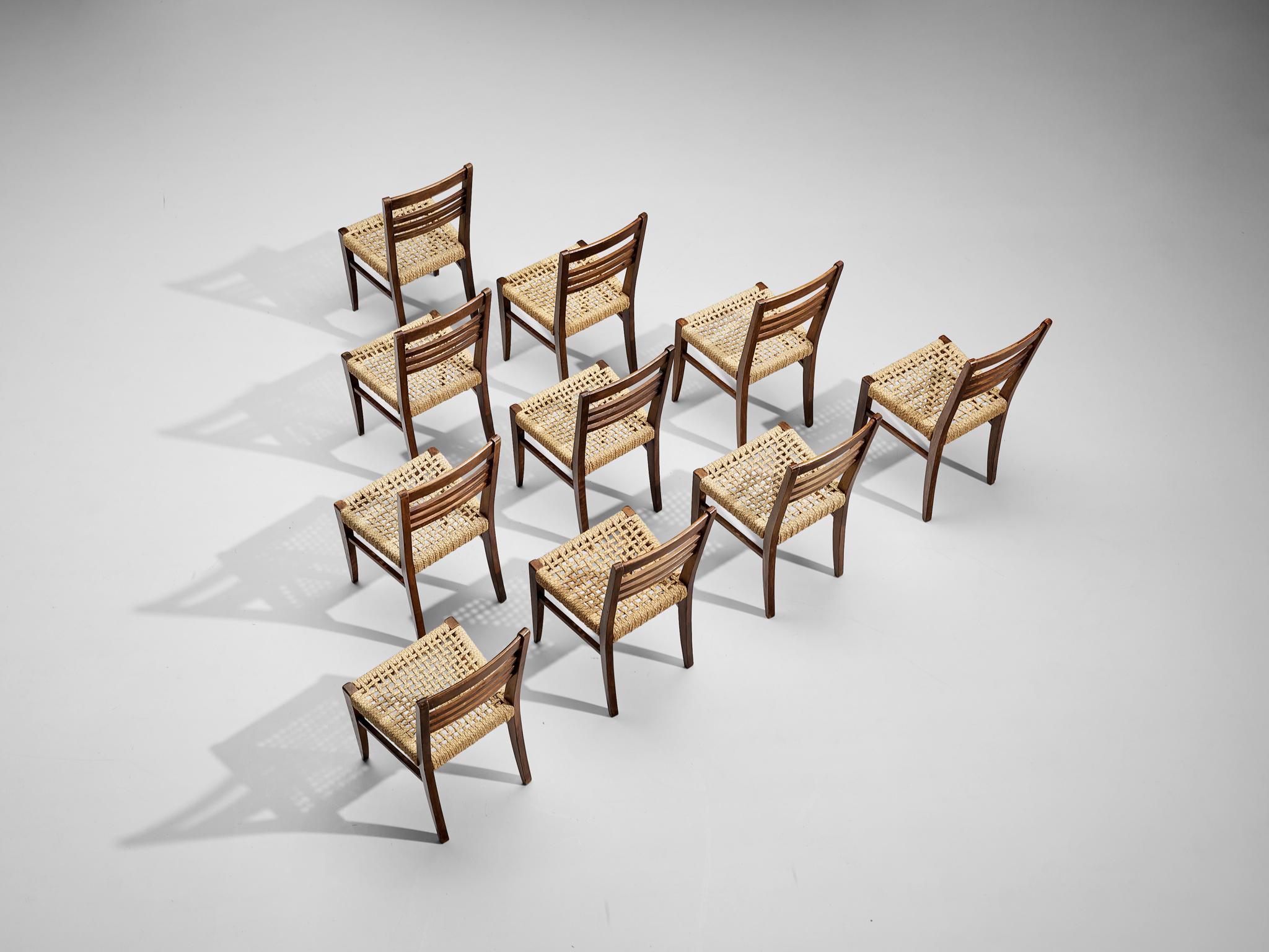 Mid-Century Modern Adrien Audoux & Frida Minet for Vibo Set of Six Dining Chairs in Braided Hemp