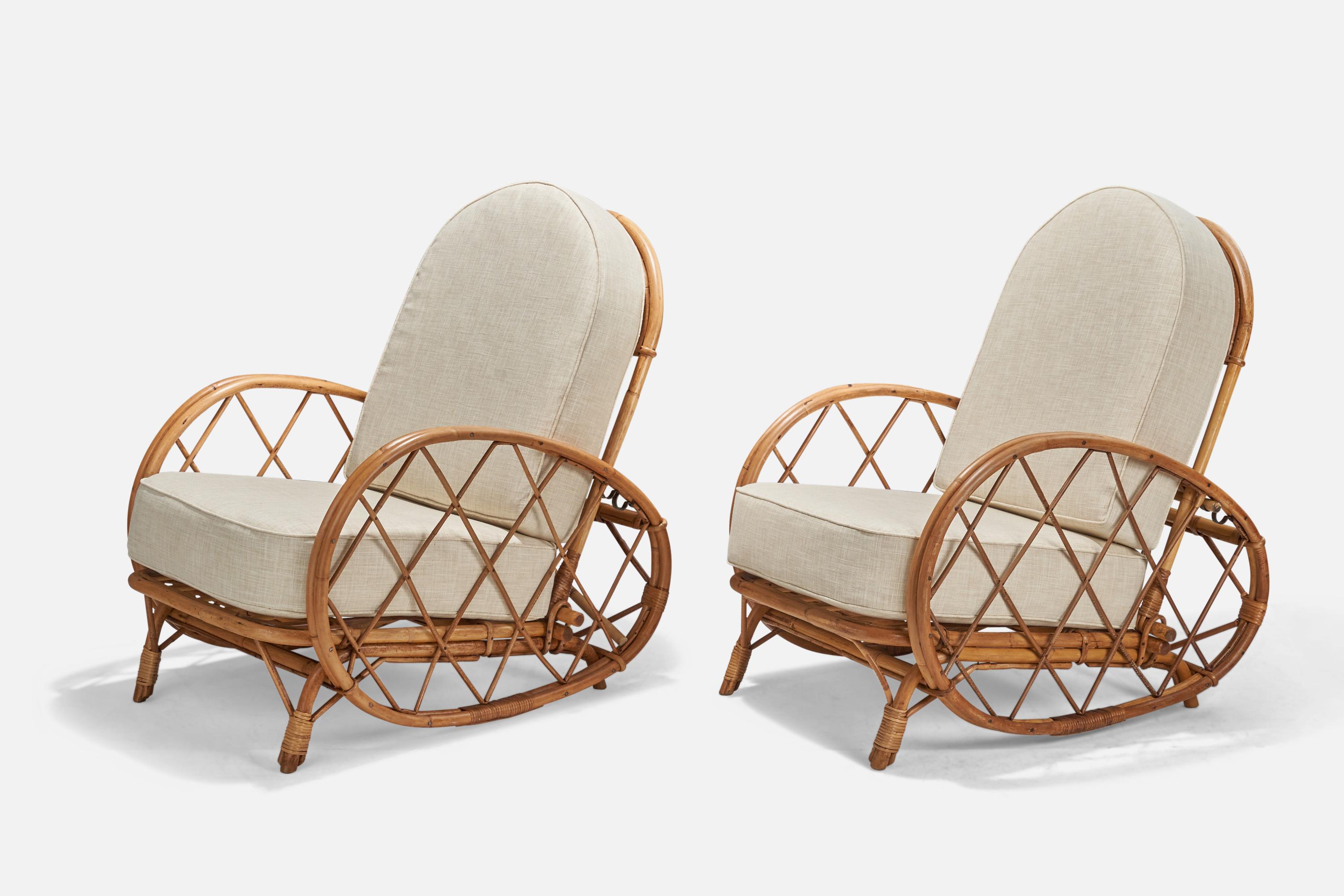 Mid-Century Modern Adrien Audoux & Frida Minet, Lounge Chairs, Bamboo, Fabric, France, 1950s