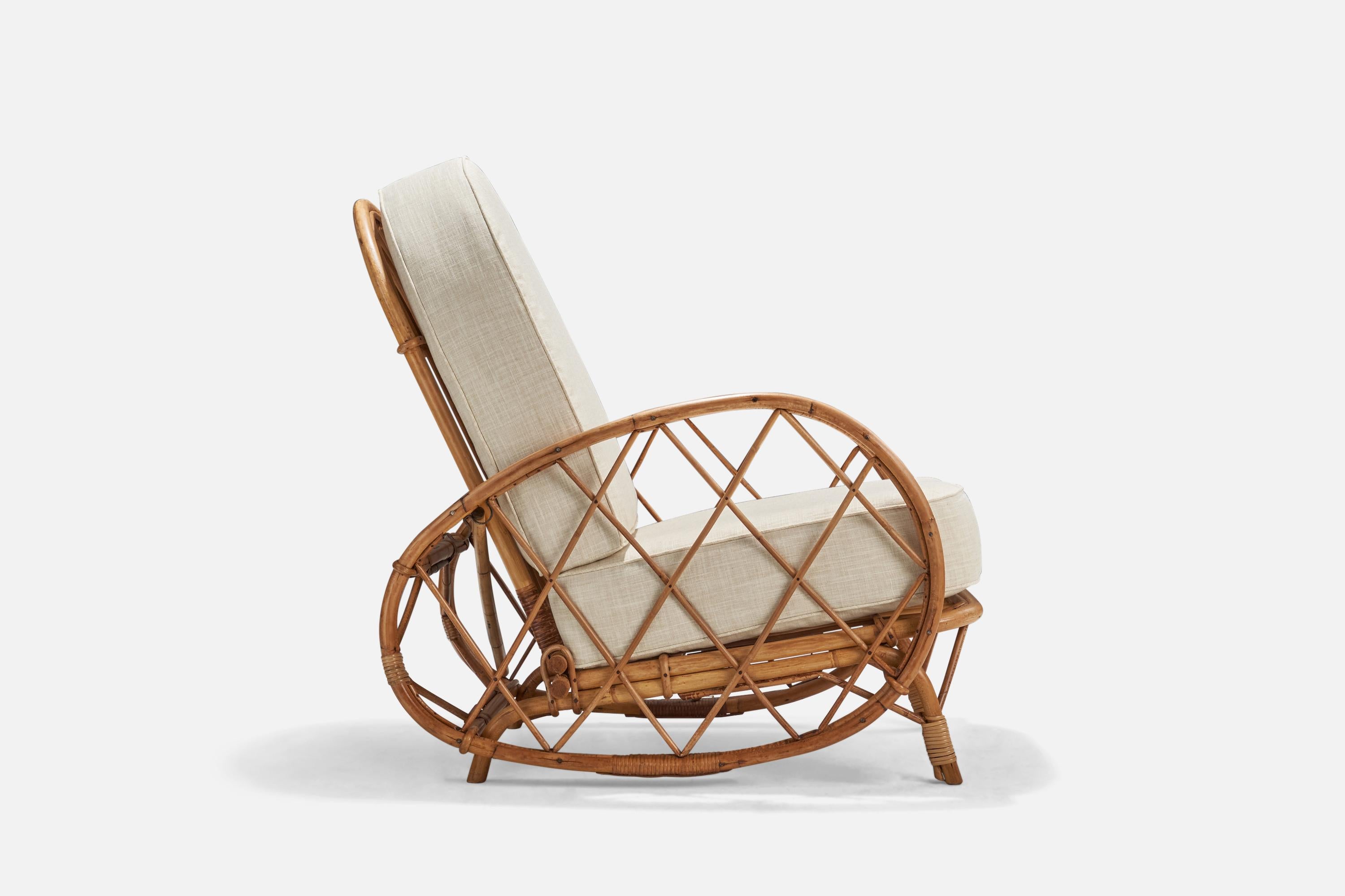 Mid-20th Century Adrien Audoux & Frida Minet, Lounge Chairs, Bamboo, Fabric, France, 1950s