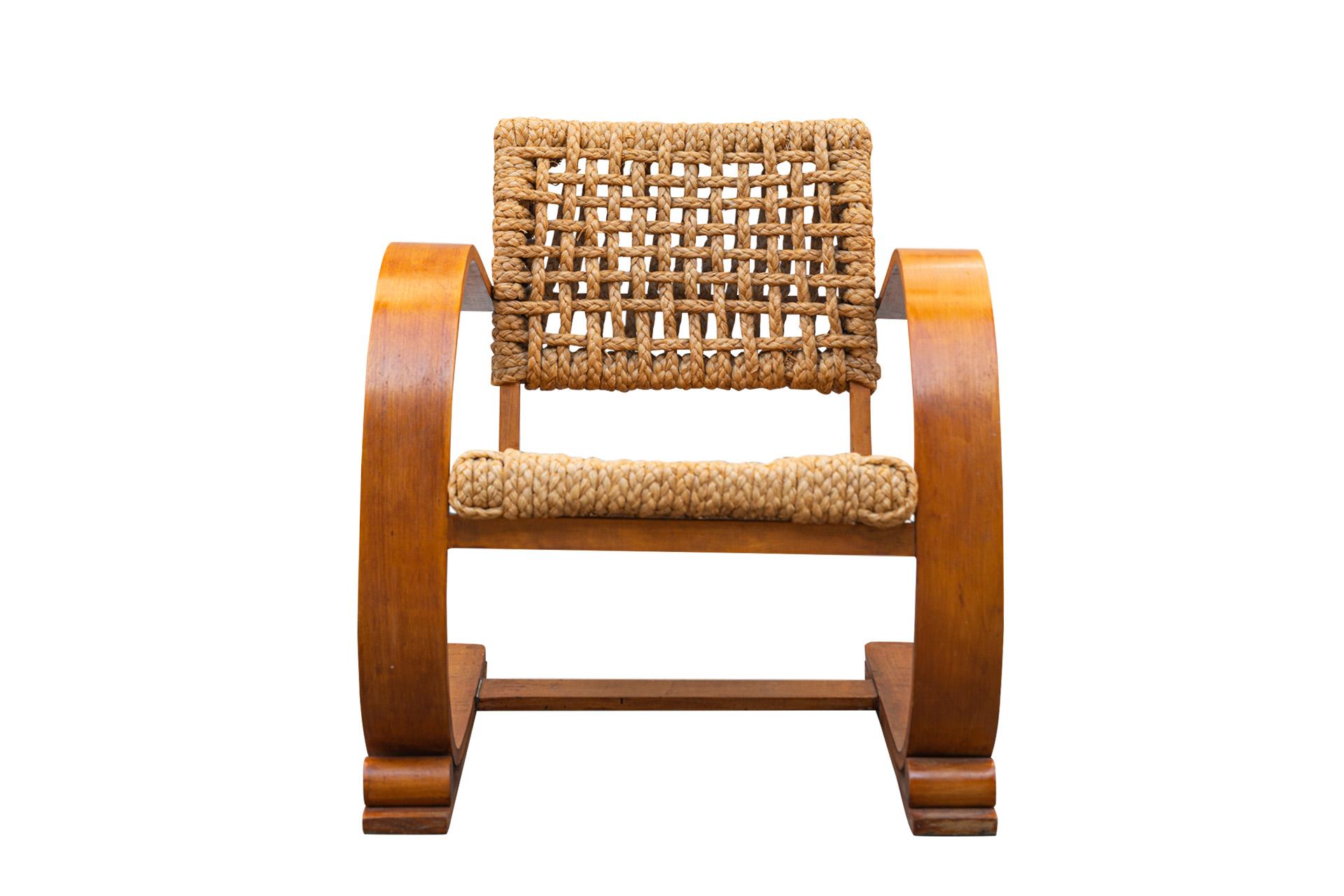 Adrien Audoux and Frida Minet, Pair of armchairs,
For Vibo-Vesoul,
Wood frame and braided rope, 
circa 1940, France. 

Measures : Width 64 cm, Depth 70 cm, Height 69 cm, Seat Height 40 cm. 

Adrien Audoux and Frida Minet are a couple of