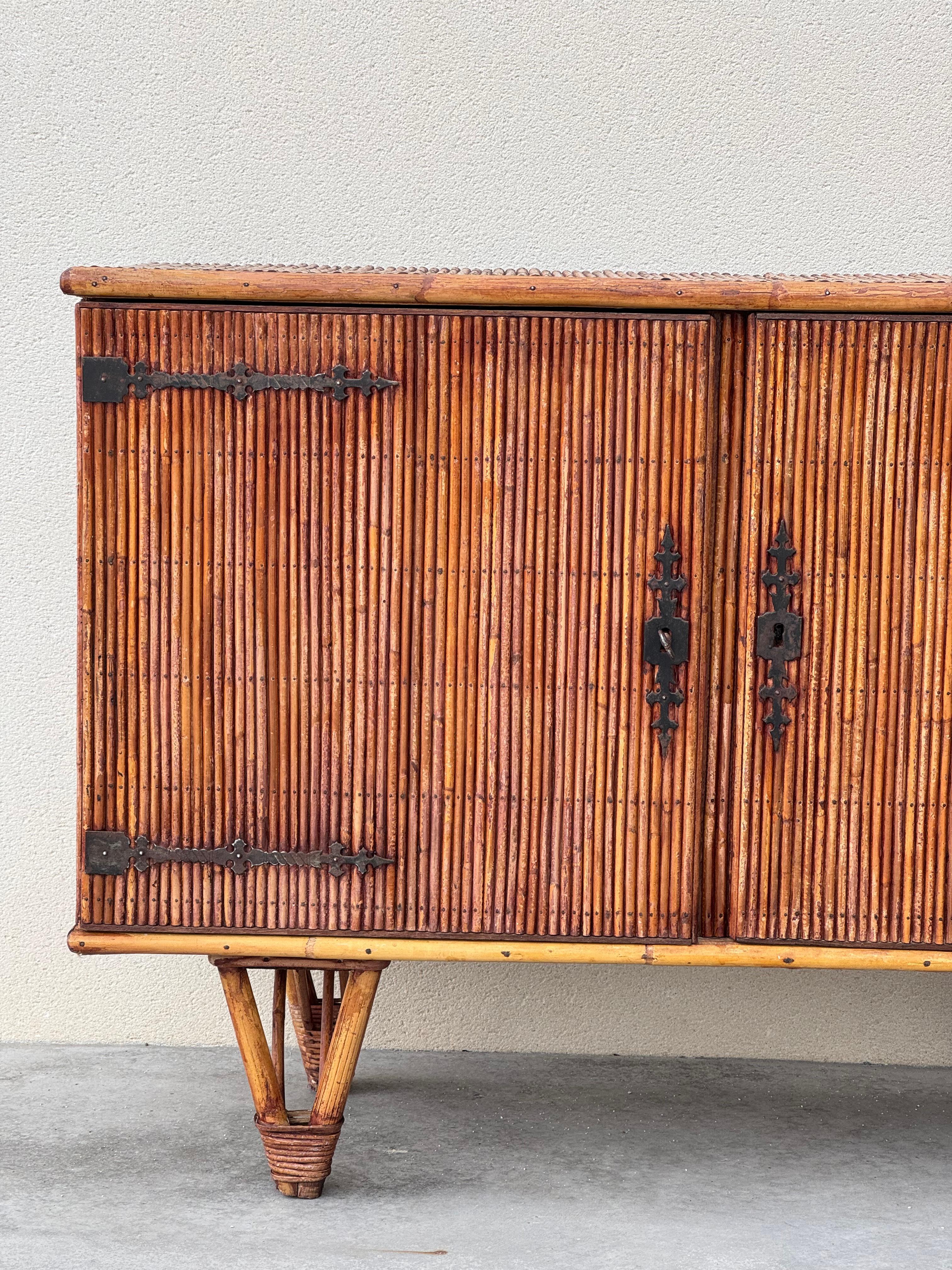 French Provincial Adrien Audoux & Frida Minet, rattan and bamboo sideboard, France circa 1960s For Sale