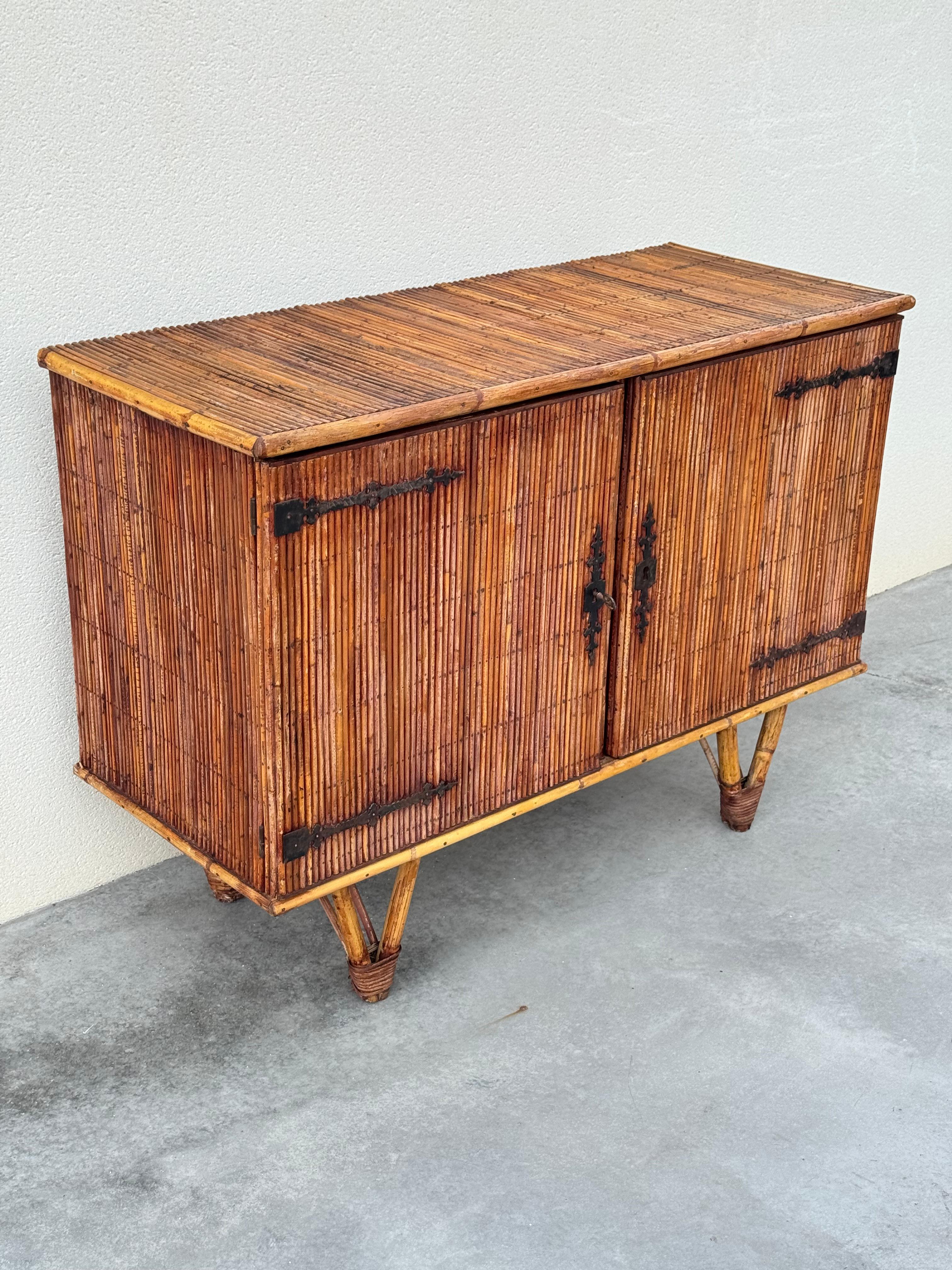 French Adrien Audoux & Frida Minet, rattan and bamboo sideboard, France circa 1960s For Sale
