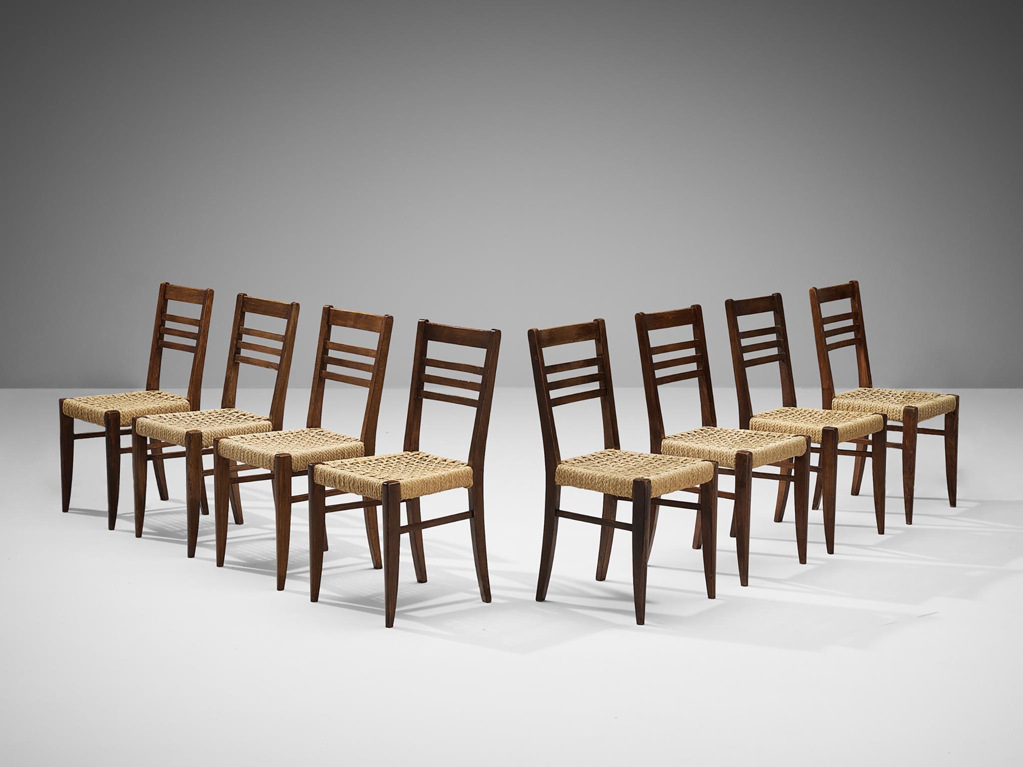 Adrien Audoux and Frida Minet for Vibo, set of eight dining chairs, beech, rope hemp, France, late 1940s 

Set of eight naturalistic dining chairs designed by Adrien Audoux and Frida Minet. The seating and backrest are made of woven hemp from the