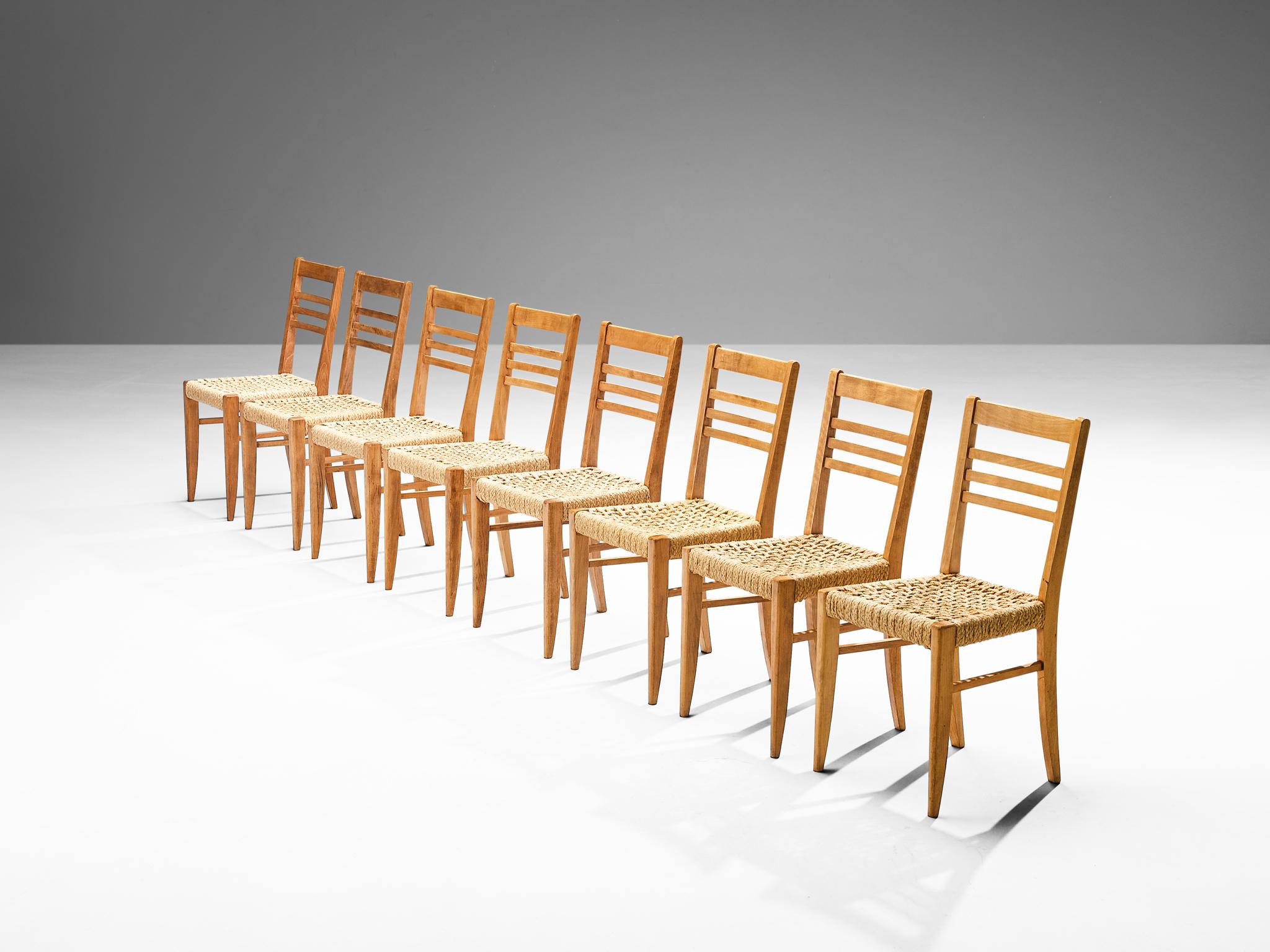 Mid-20th Century Adrien Audoux & Frida Minet Set of Eight Dining Chairs in Braided Hemp 
