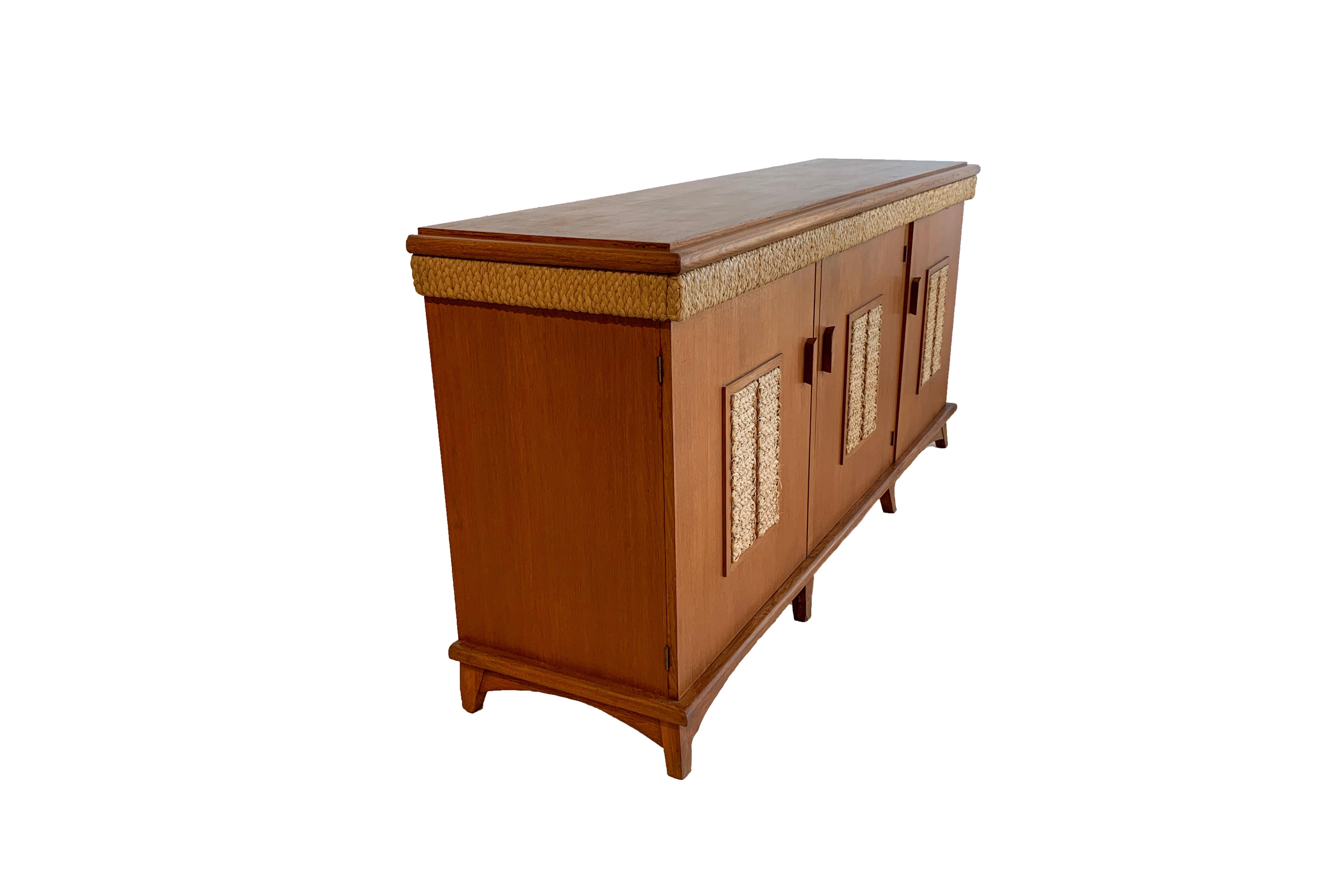 Adrien Audoux & Frida Minet sideboard. 
Rope detailing. 
Oak top. 
3 door sideboard, with central interior drawers.
circa 1950, France. 
Very good vintage condition. 
Adrien Audoux and Frida Minet were a French couple and worked as designer.