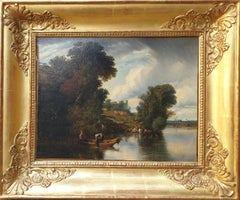 Peinture - Paysage romantique français de pêcheurs de vaches fluviales COTELLE - 19ème siècle 