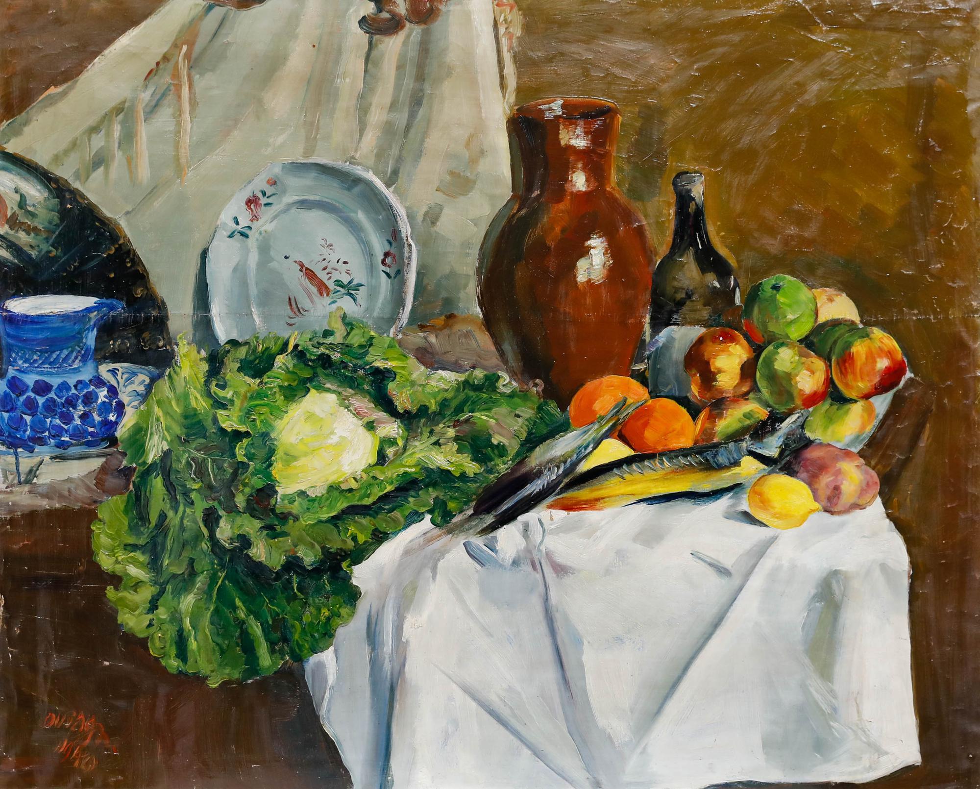 Adrien Dupagne (1889-1980) - 1940 Oil, Still Life of Fish, Citrus and Greens For Sale 1
