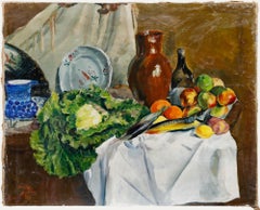 Adrien Dupagne (1889-1980) - 1940 Oil, Still Life of Fish, Citrus and Greens
