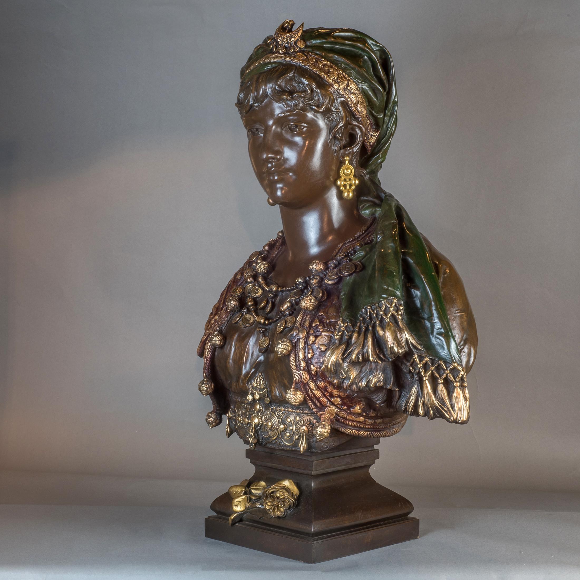 Pair of Polychrome-Patinated and Gilt Bronze Orientalist Princess Busts For Sale 7
