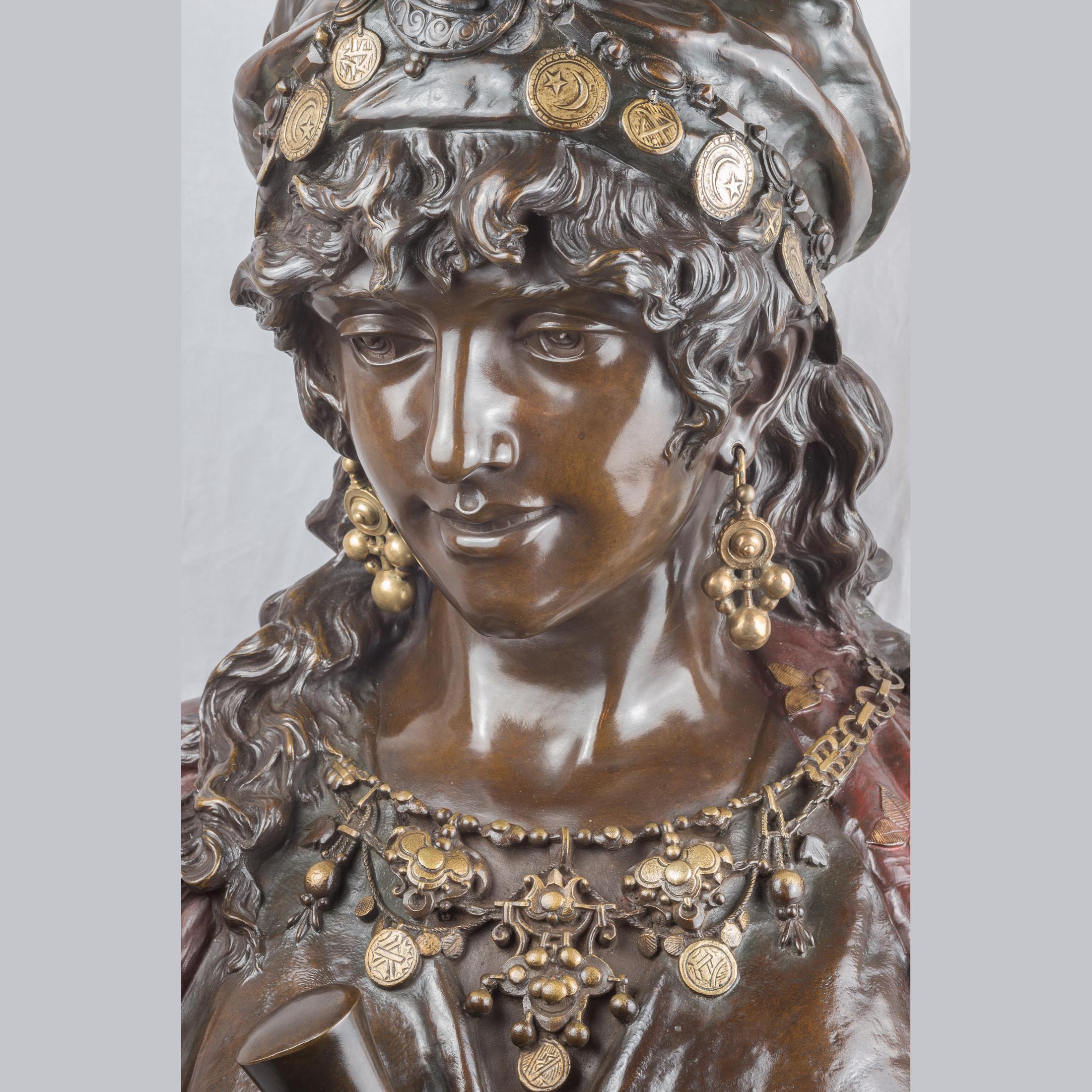 Pair of Polychrome-Patinated and Gilt Bronze Orientalist Princess Busts - Sculpture by Adrien-Etienne Gaudez