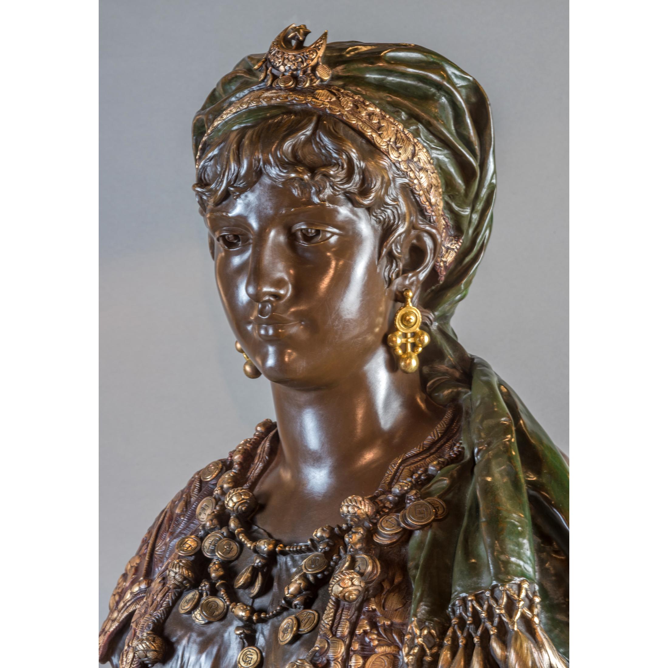 Pair of Polychrome-Patinated and Gilt Bronze Orientalist Princess Busts - Gold Figurative Sculpture by Adrien-Etienne Gaudez