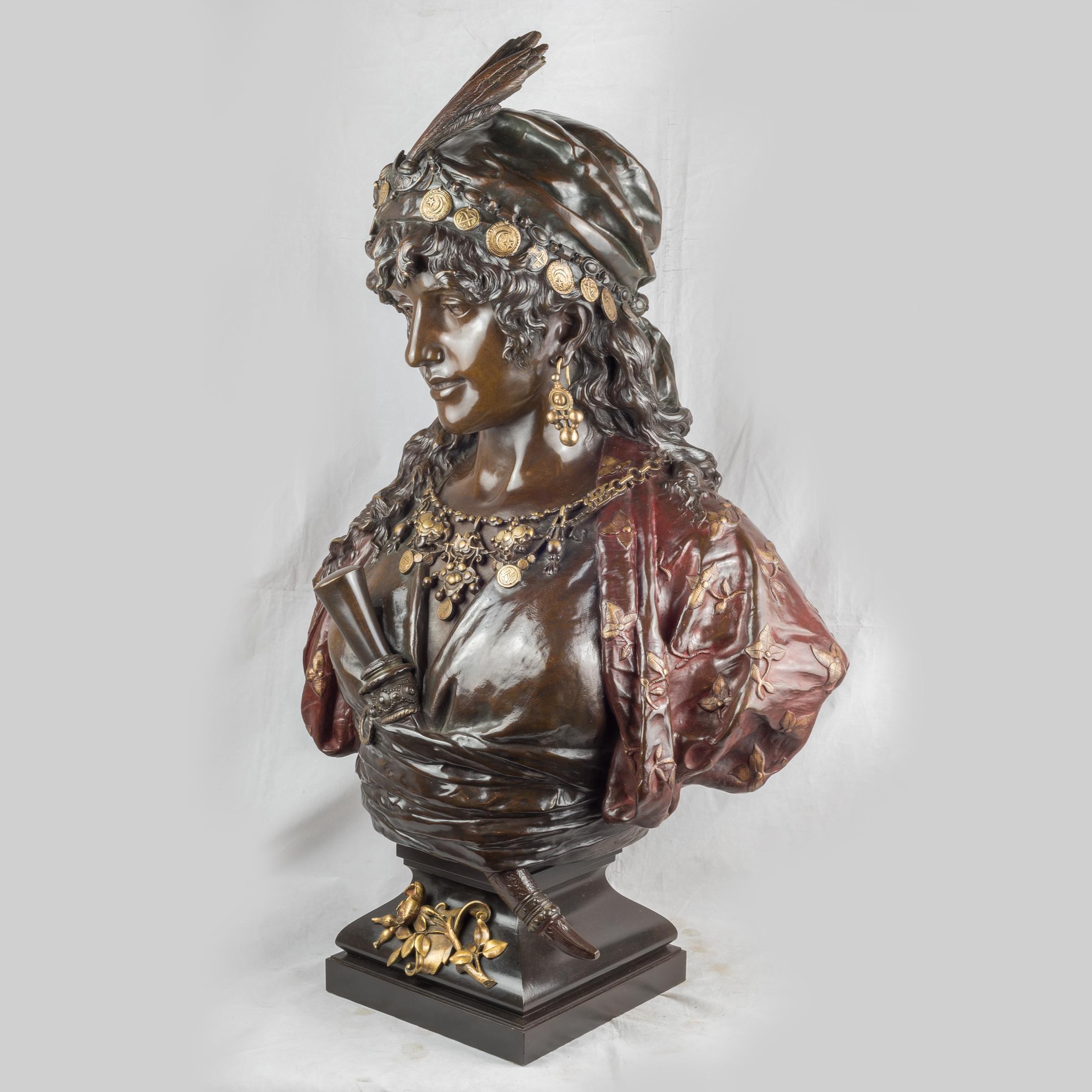 Pair of Polychrome-Patinated and Gilt Bronze Orientalist Princess Busts For Sale 1