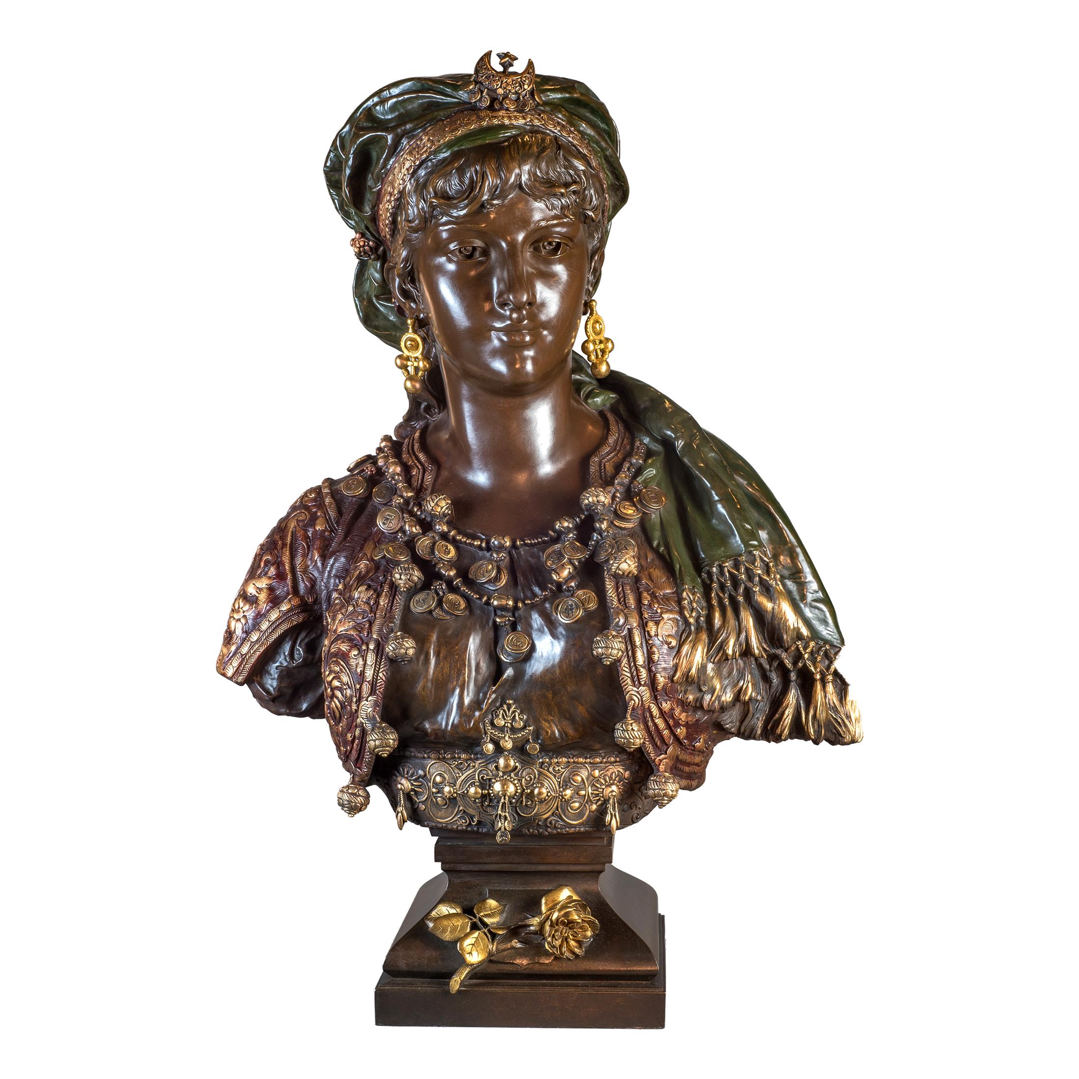 Pair of Polychrome-Patinated and Gilt Bronze Orientalist Princess Busts For Sale 2