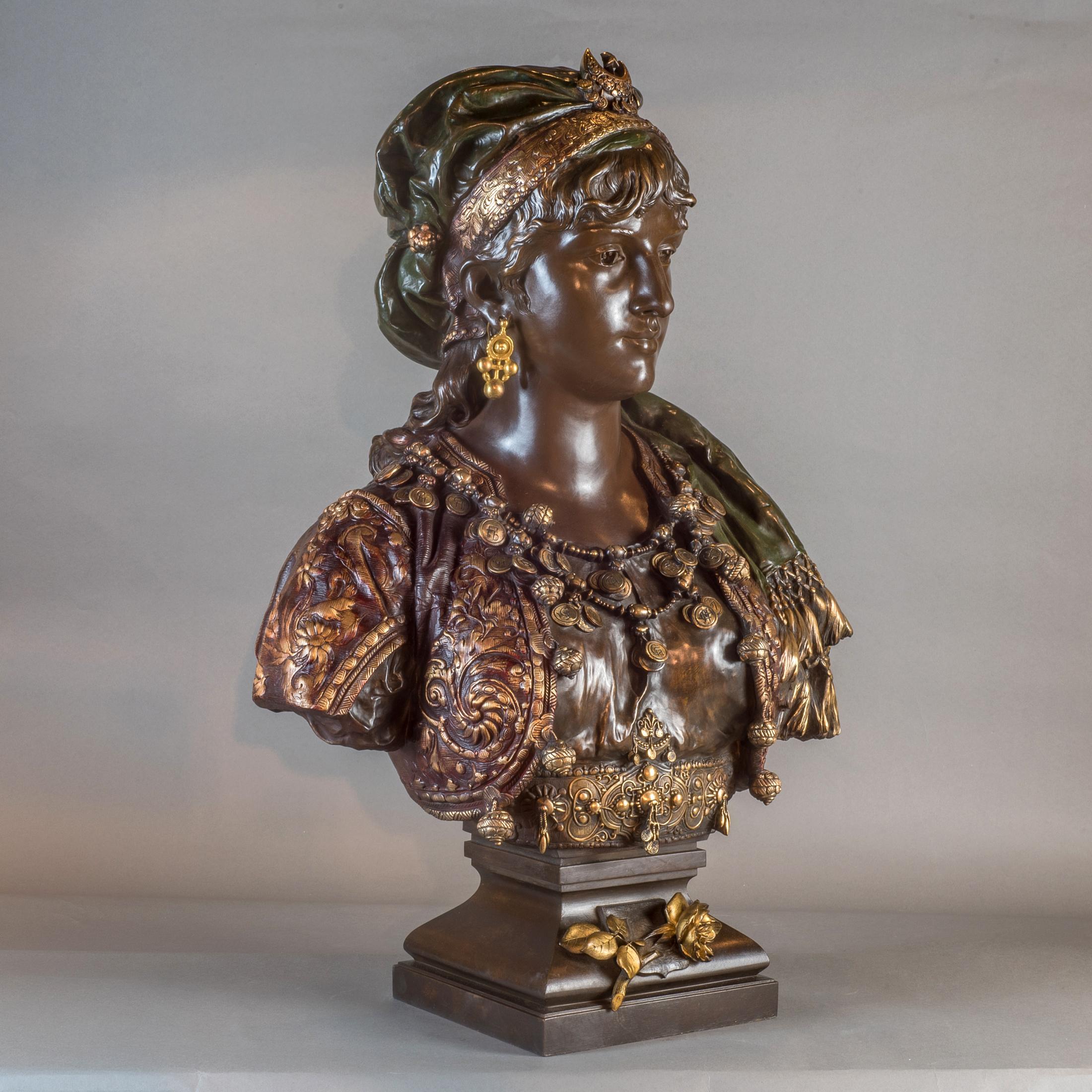 Pair of Polychrome-Patinated and Gilt Bronze Orientalist Princess Busts For Sale 3