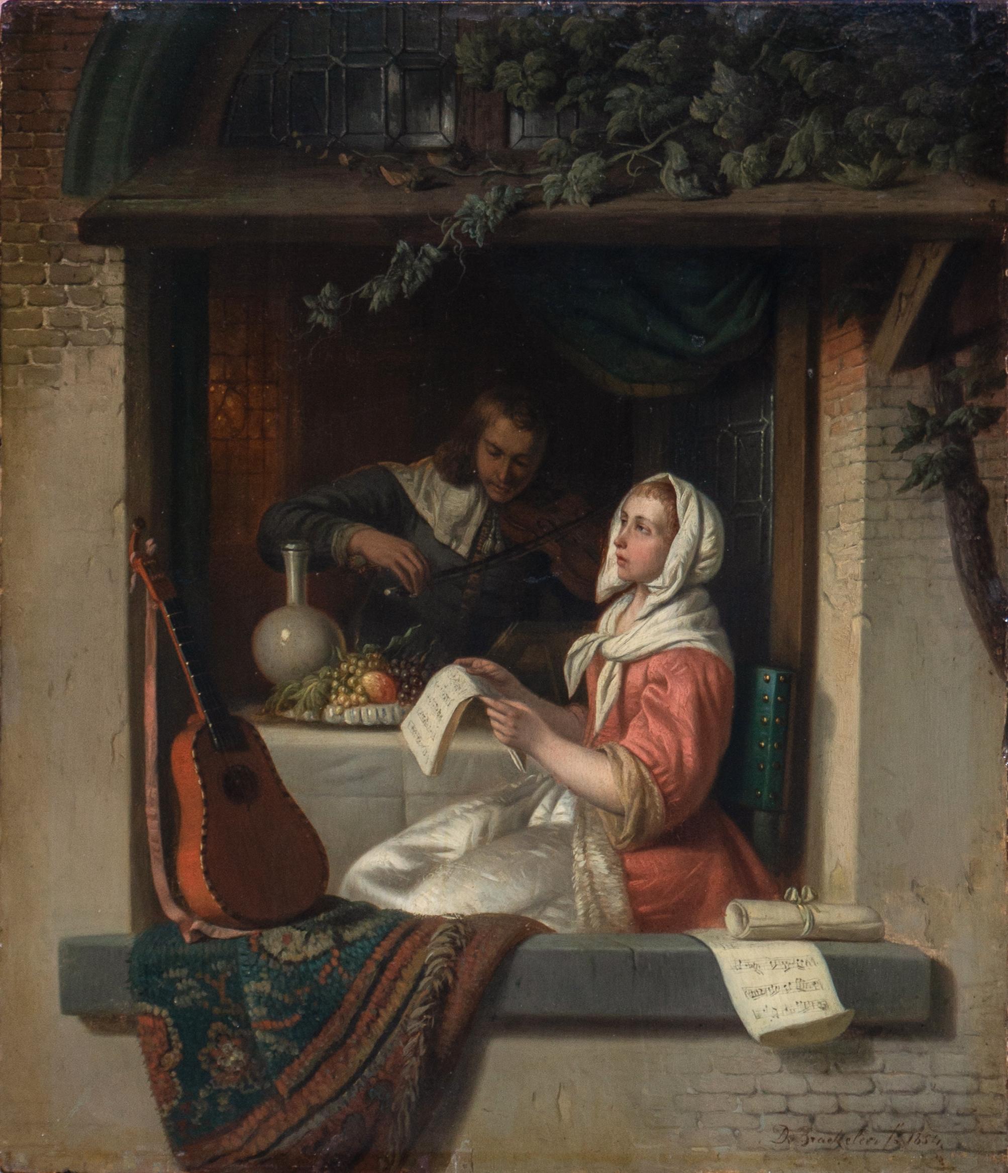 Duetto dell'amante, scena d'interno olandese, Trinità di Bach, violino, romanticismo, chitarra - Painting di Adrien Ferdinand De Braekeleer