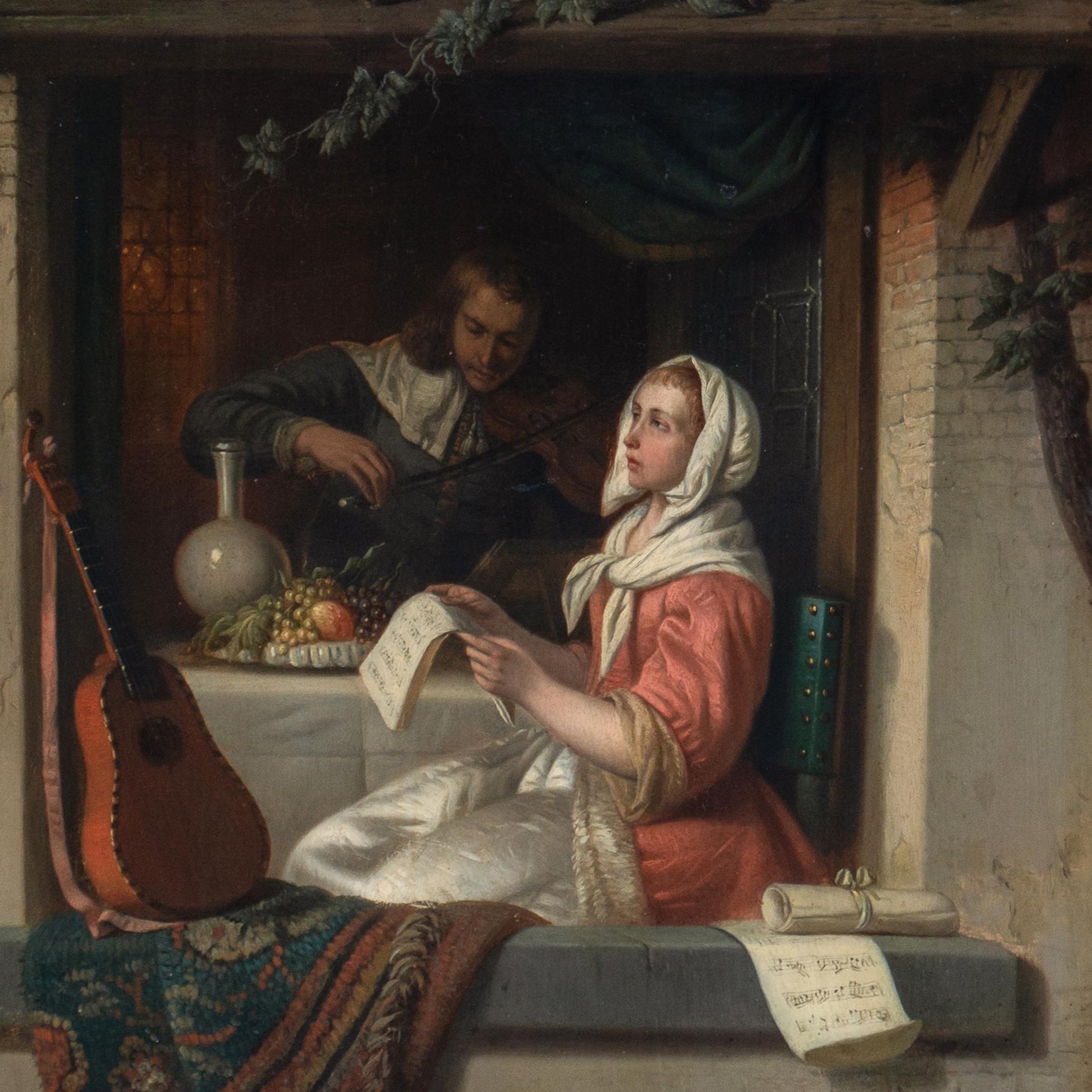 Duetto dell'amante, scena d'interno olandese, Trinità di Bach, violino, romanticismo, chitarra - Figurative Painting Marrone di Adrien Ferdinand De Braekeleer