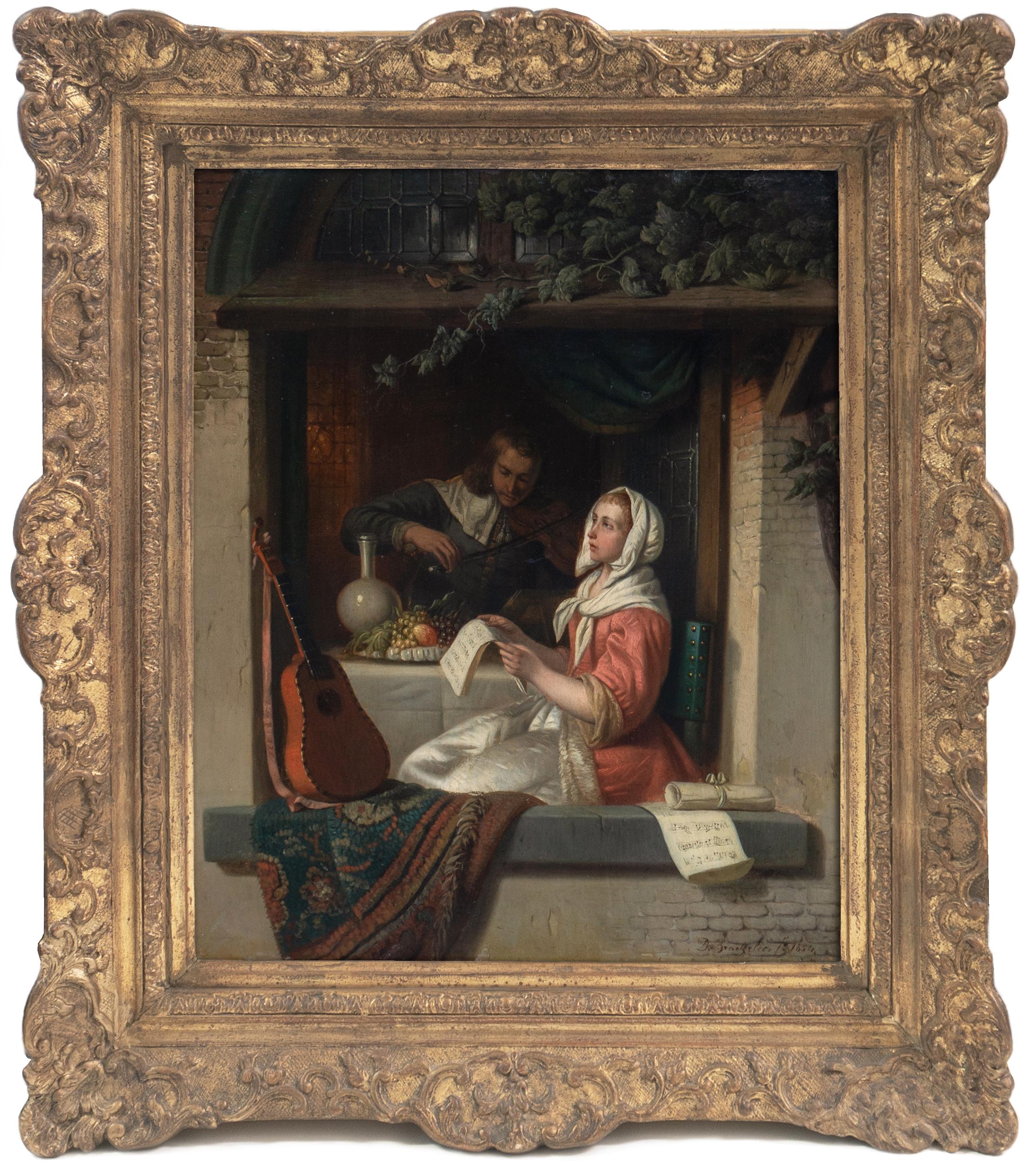 Figurative Painting di Adrien Ferdinand De Braekeleer - Duetto dell'amante, scena d'interno olandese, Trinità di Bach, violino, romanticismo, chitarra