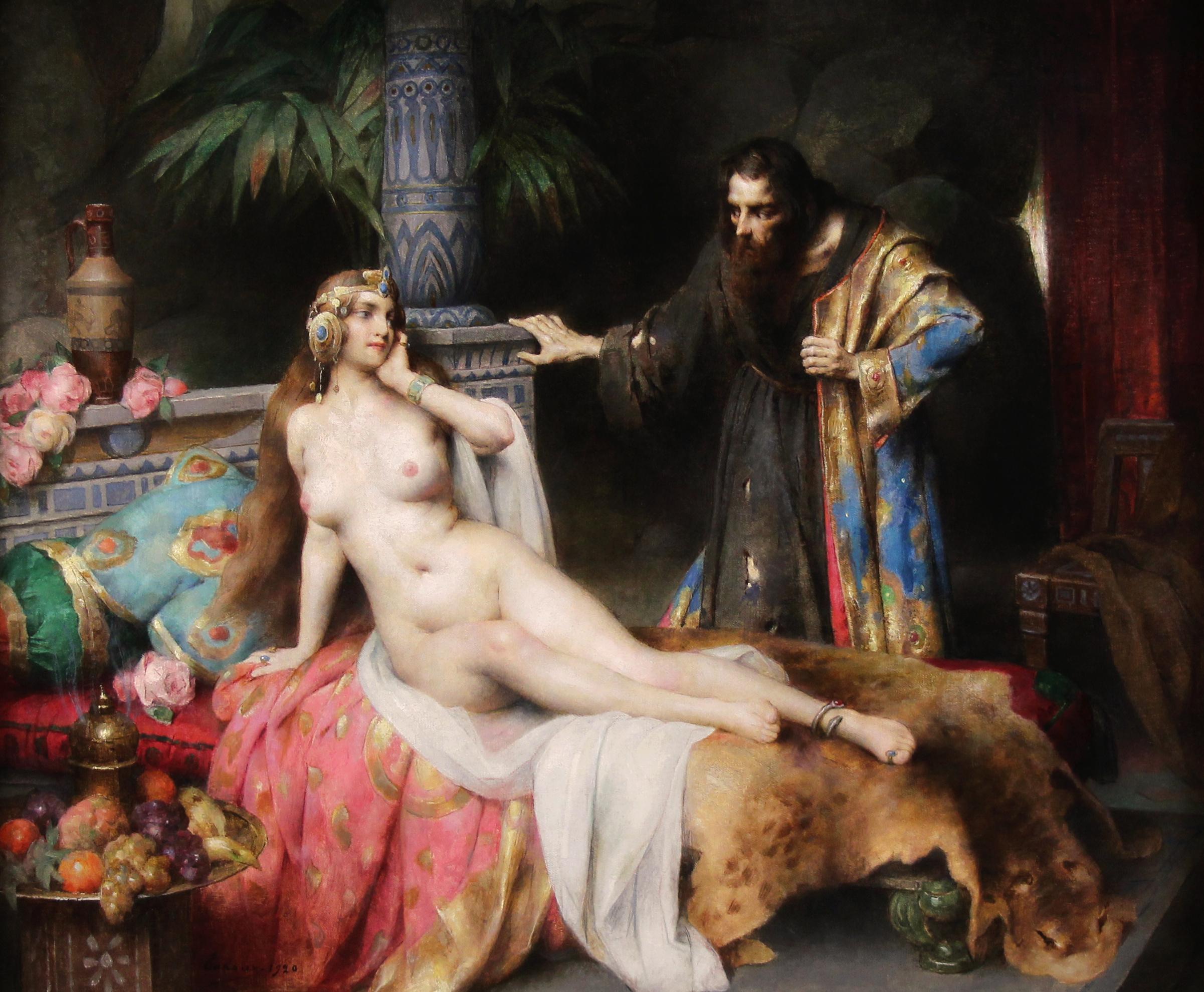 Orientalisches nacktes Odalisken-Ölgemälde auf Leinwand „ Thais“ von Adrien Tanoux, 1920 – Painting von Adrien-Henri Tanoux