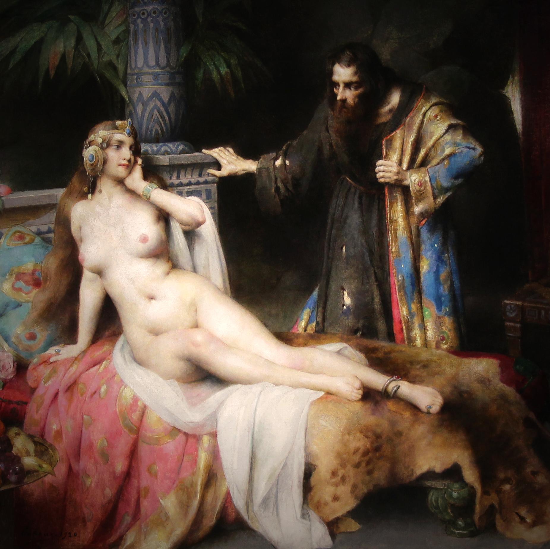 Orientalisches nacktes Odalisken-Ölgemälde auf Leinwand „ Thais“ von Adrien Tanoux, 1920 (Gold), Nude Painting, von Adrien-Henri Tanoux