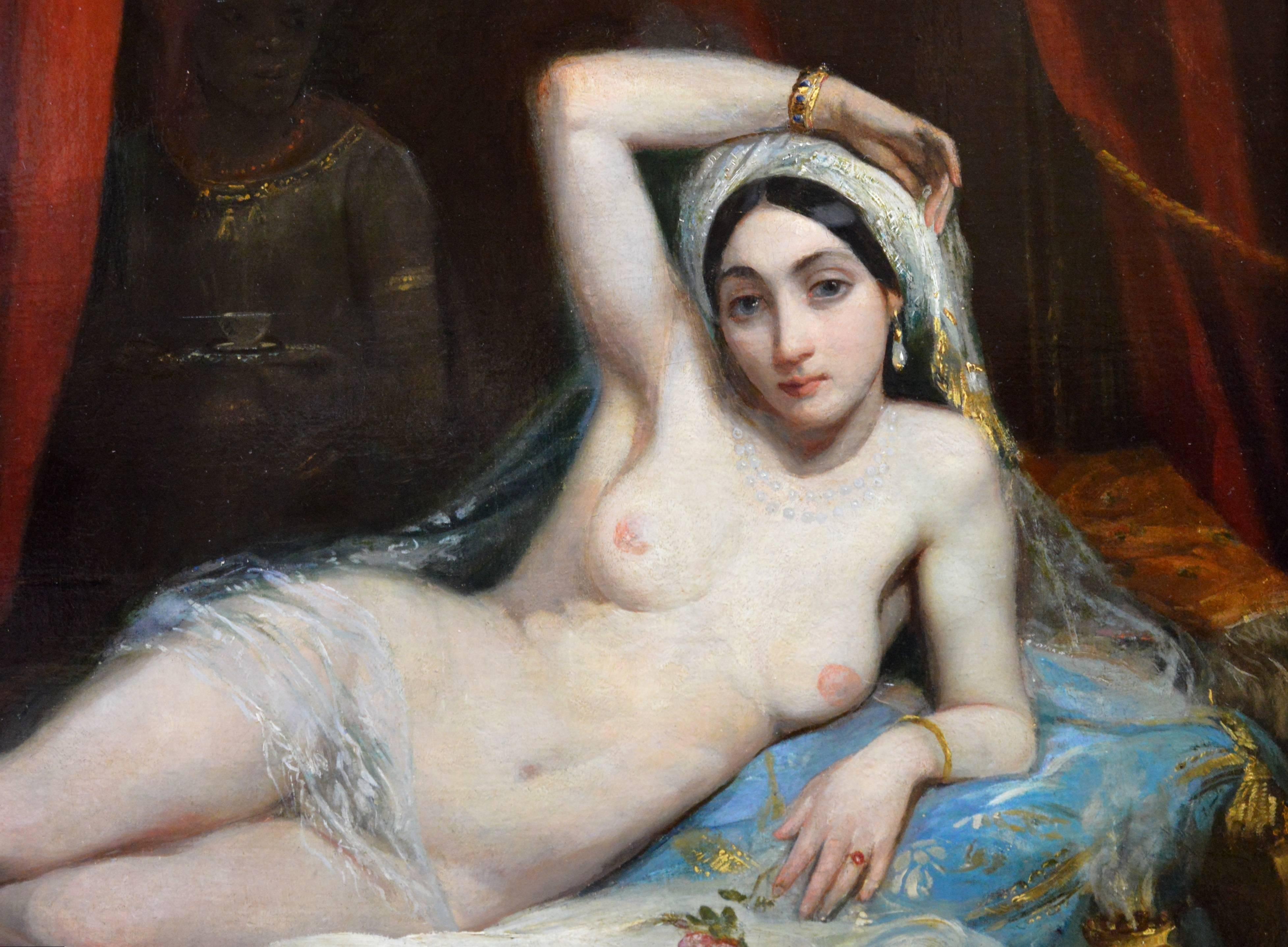 Une Odalisque - Peinture à l'huile de nu orientaliste du 19ème siècle - Fille du harem - Romantique Painting par Adrien-Henri Tanoux