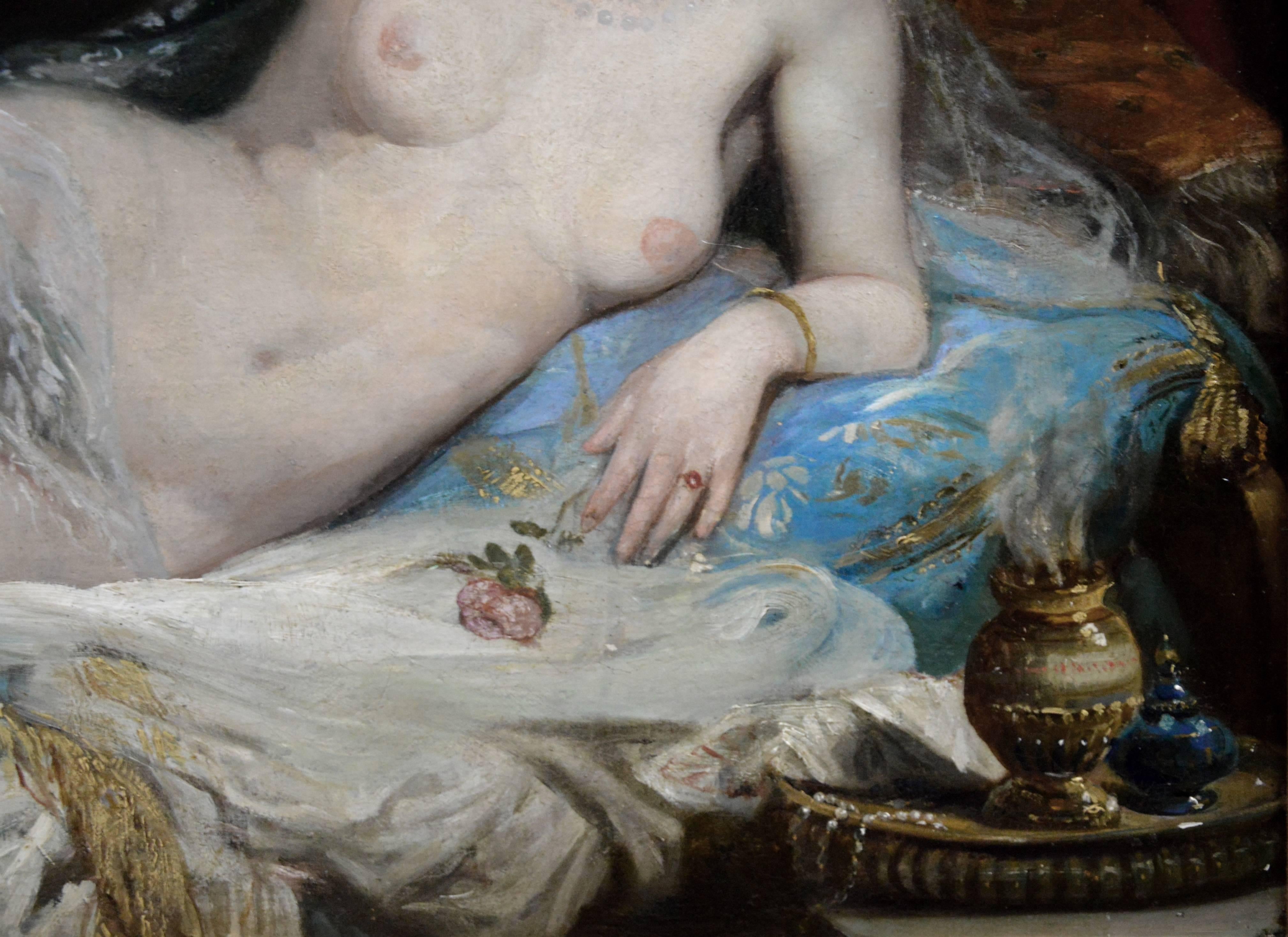 Une Odalisque - Peinture à l'huile de nu orientaliste du 19ème siècle - Fille du harem - Marron Nude Painting par Adrien-Henri Tanoux