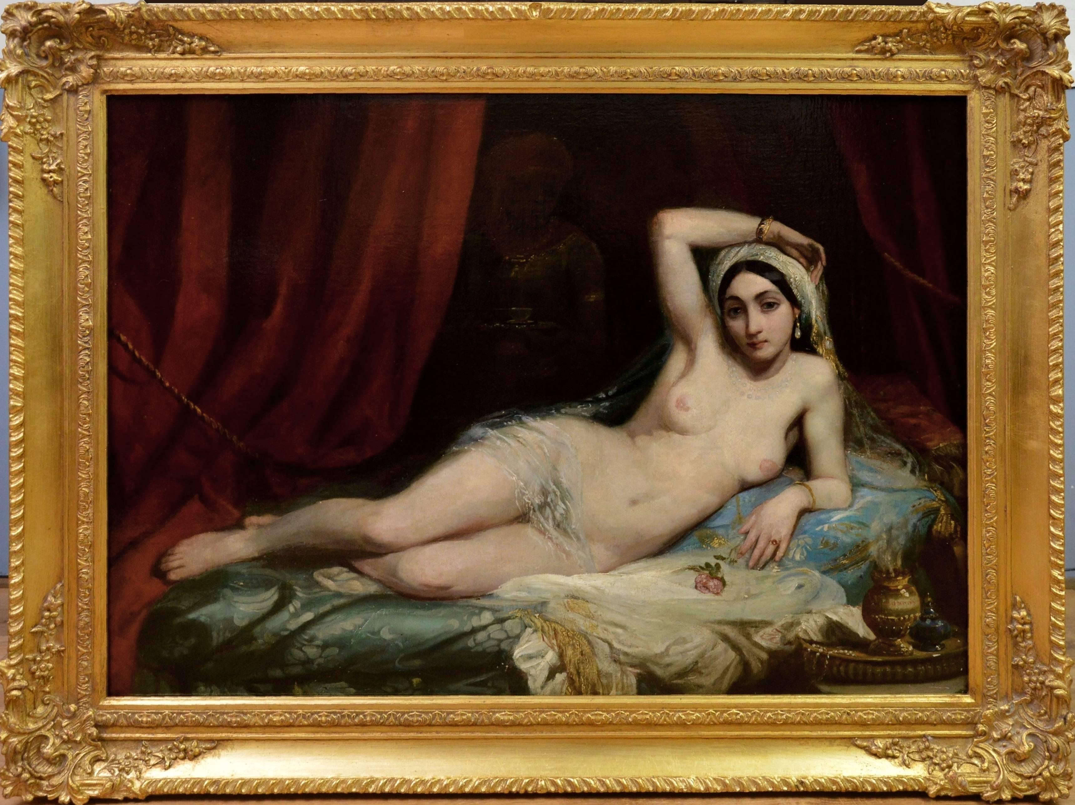 Adrien-Henri Tanoux Nude Painting - Une Odalisque - 19th Century French Orientalist Nude Oil Painting - Harem Girl